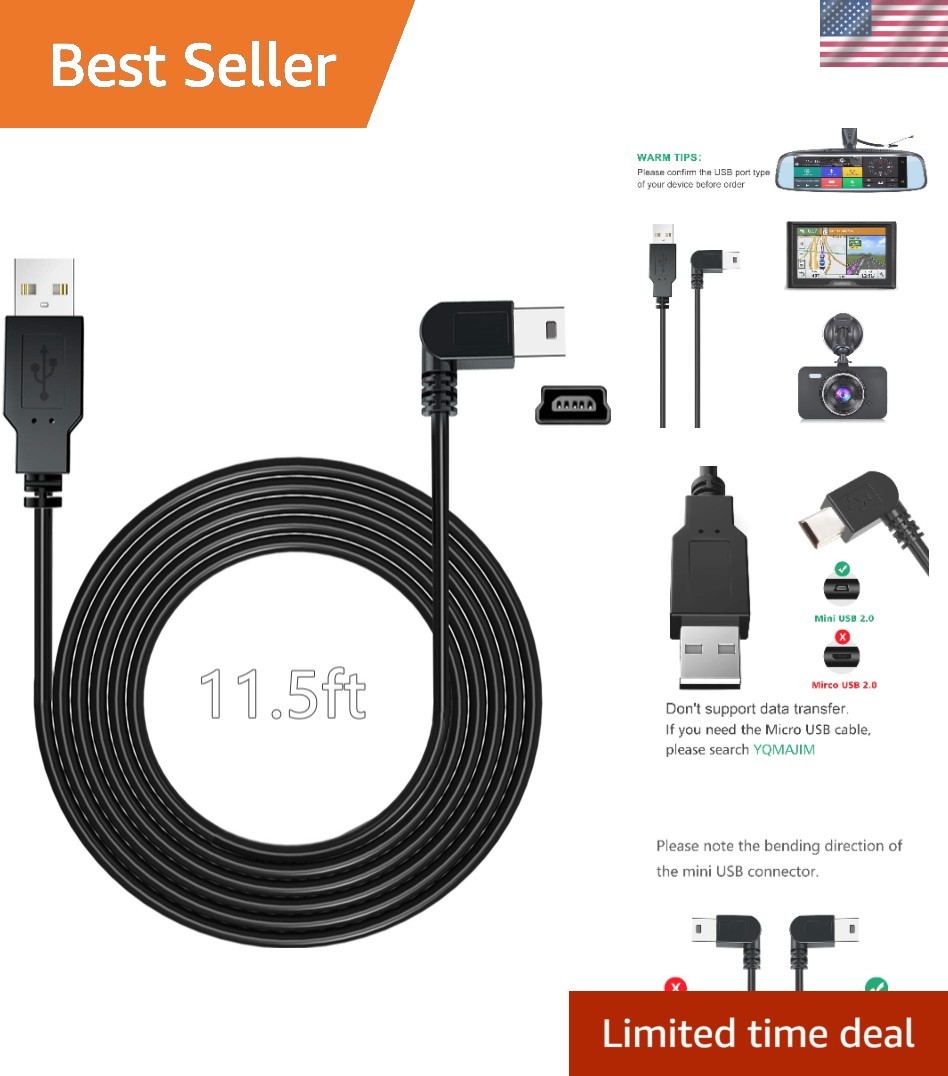 Durable 11.5ft Mini USB Power Adapter for In-Car Dash Cams & Garmin GPS