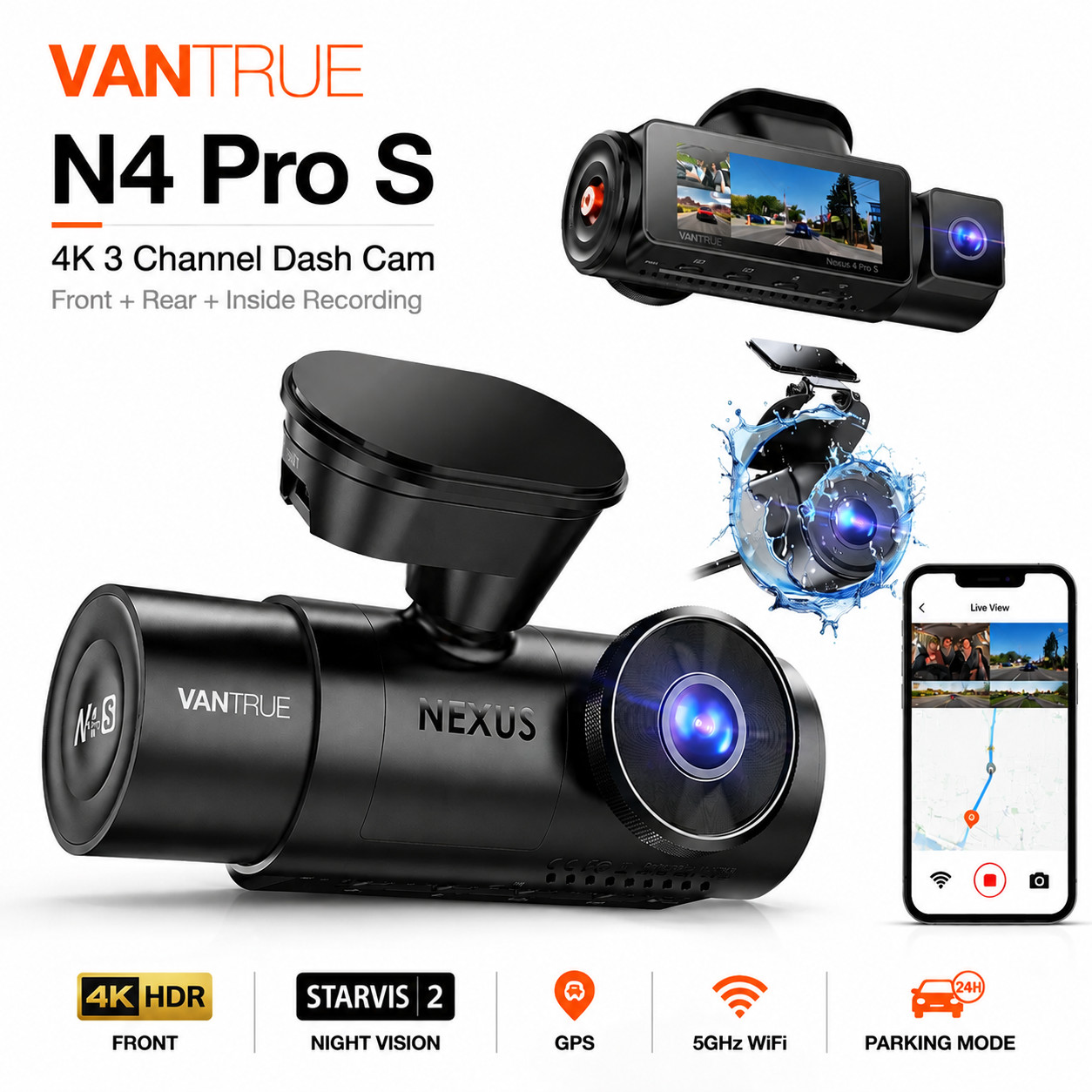Vantrue N4 Pro S 4K 3 Channel Dash Cam Front Rear Inside STARVIS 2 GPS WiFi