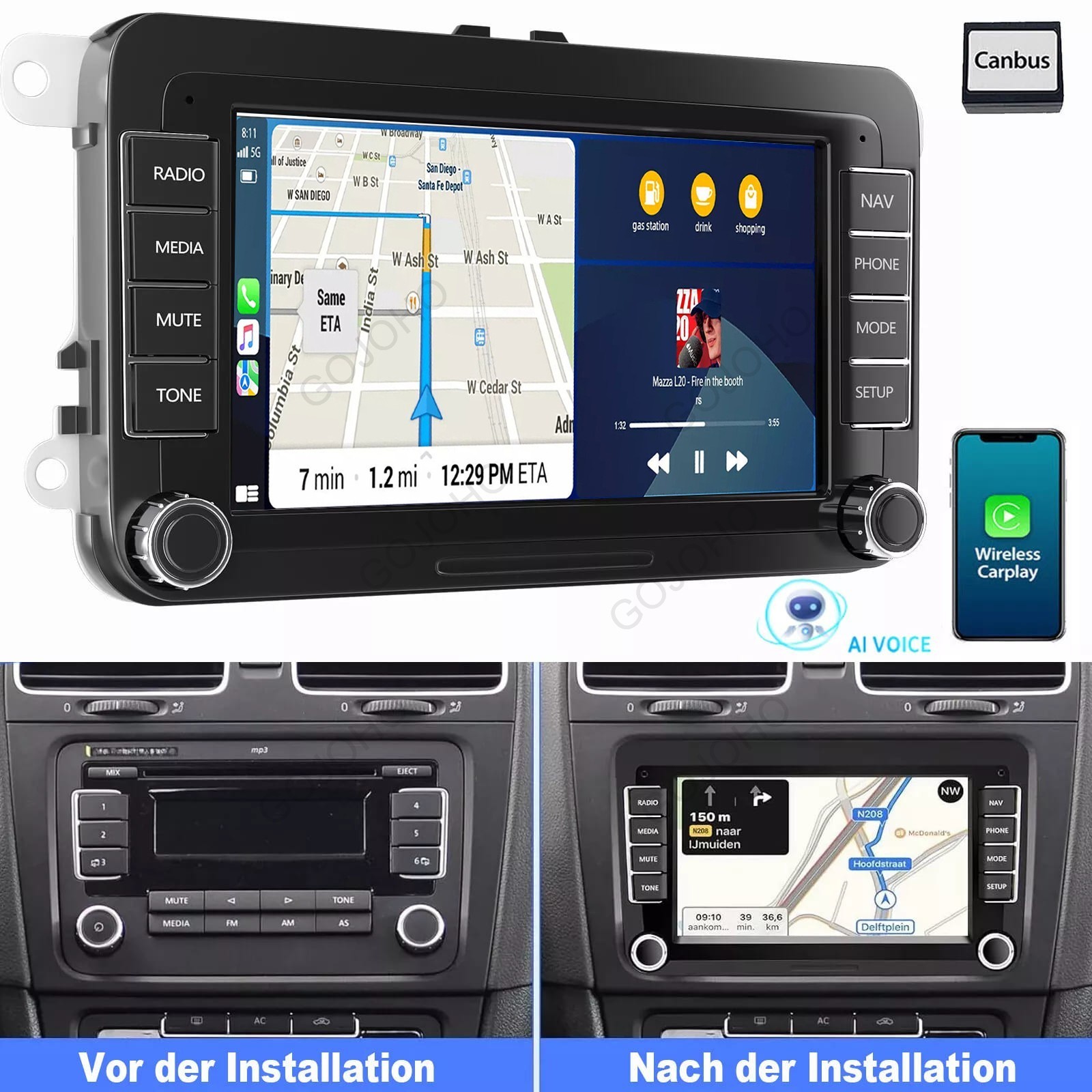 4+64G 7″ Android 14 Car Stereo Radio GPS Carplay For VW Golf MK5 MK6 Caddy Jetta