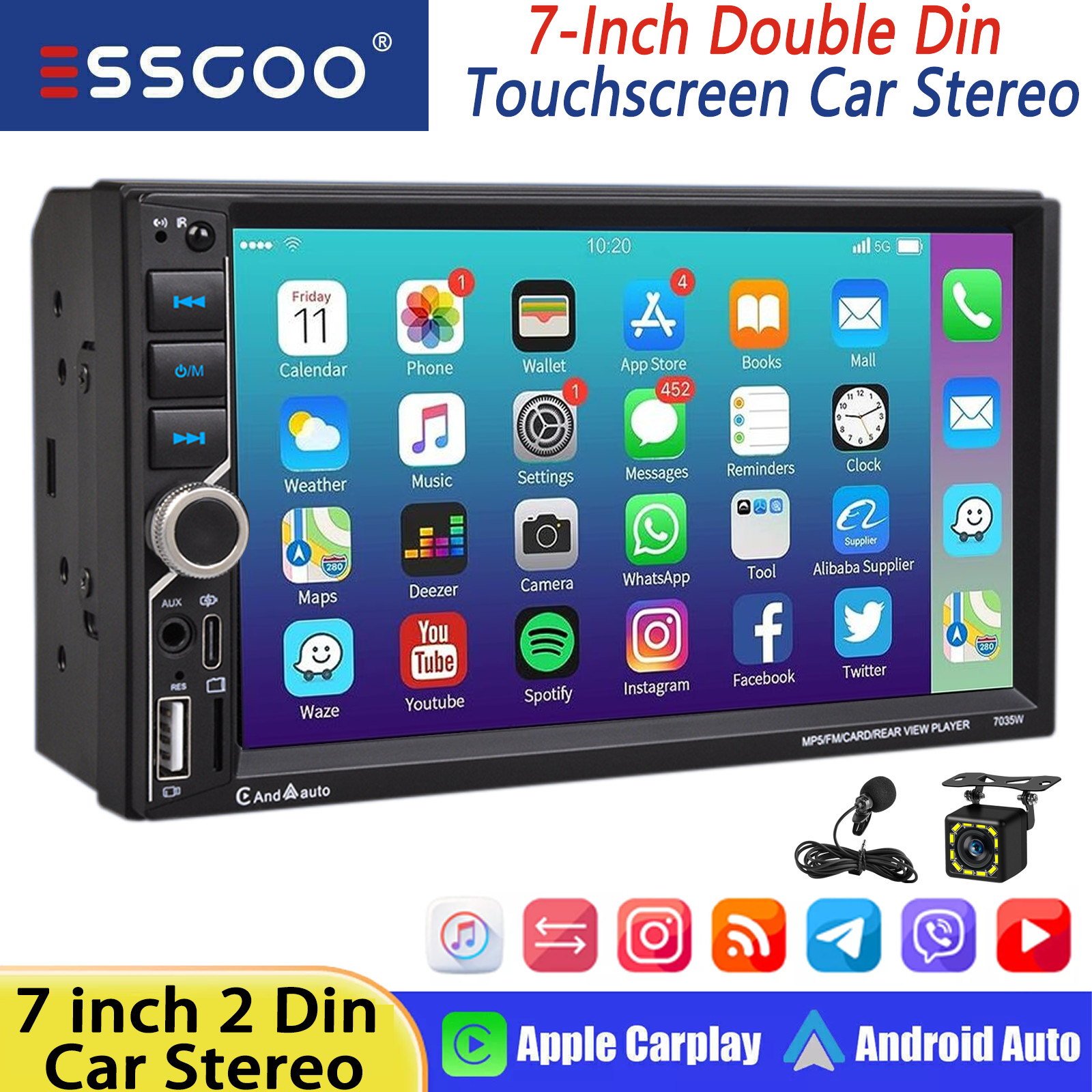 7″ Double 2 DIN Android Auto Car Stereo Wireless CarPlay Bluetooth FM Radio Cam