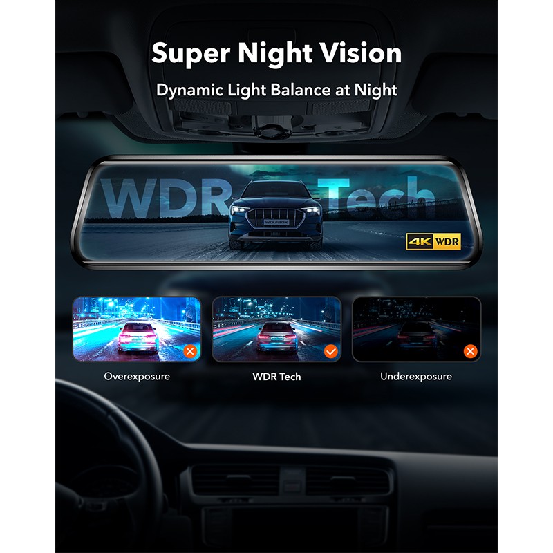 WOLFBOX G930 10″ Touch Screen 4K Mirror Dash Cam Front and Rear With 32GB & GPS