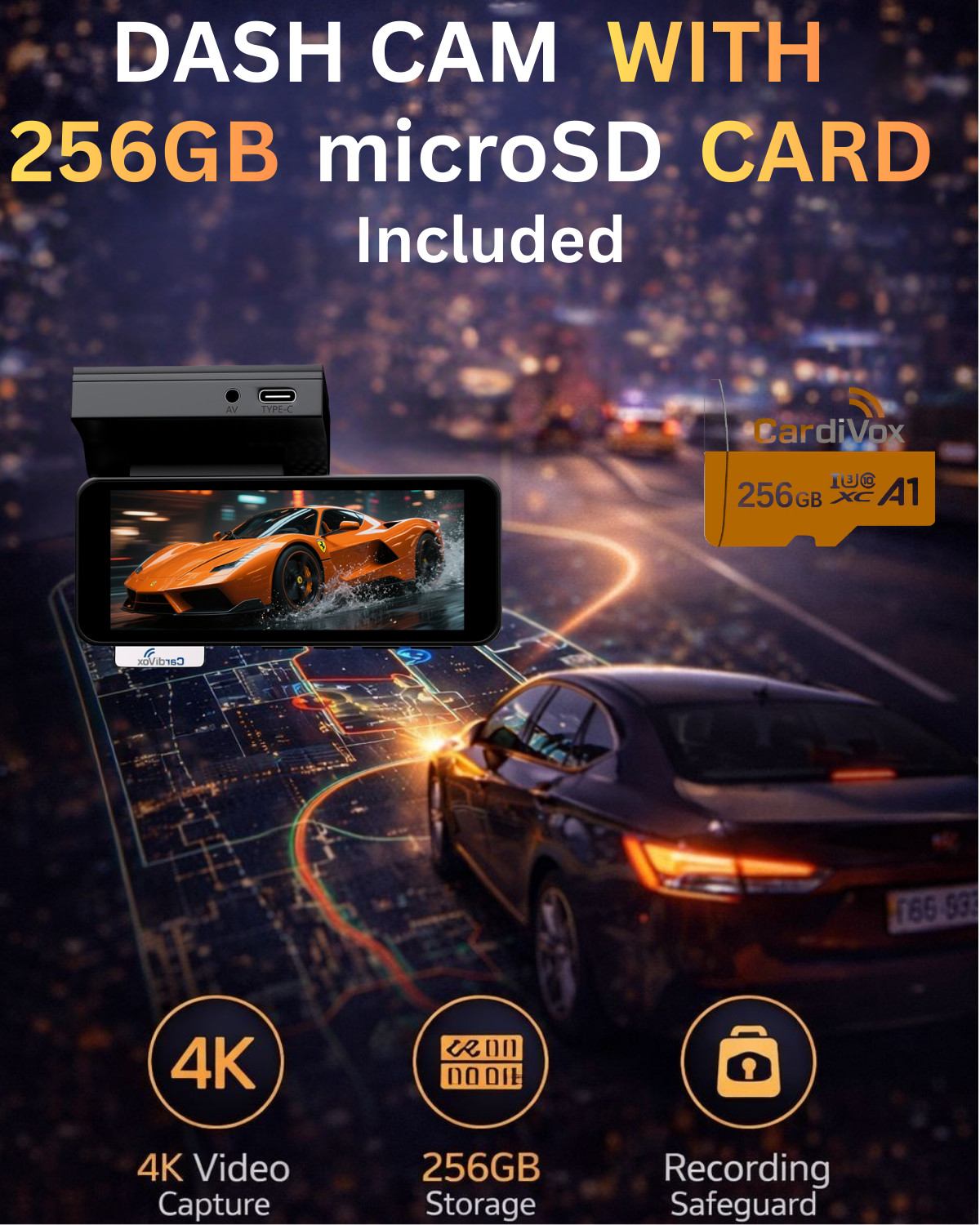 CardiVox A11 4K Dash Cam Front + 2K Rear Dash Cam, Sony STARVIS, WiFi GPS, 256GB