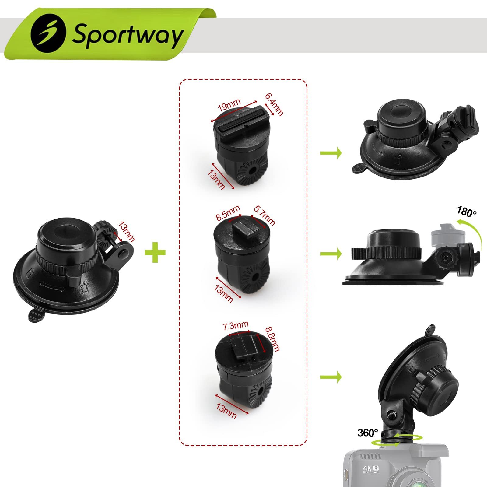 S503 Suction Cup Dash Cam Mount Holder 5th Gen with 3pcs 360 Rotating Joints …
