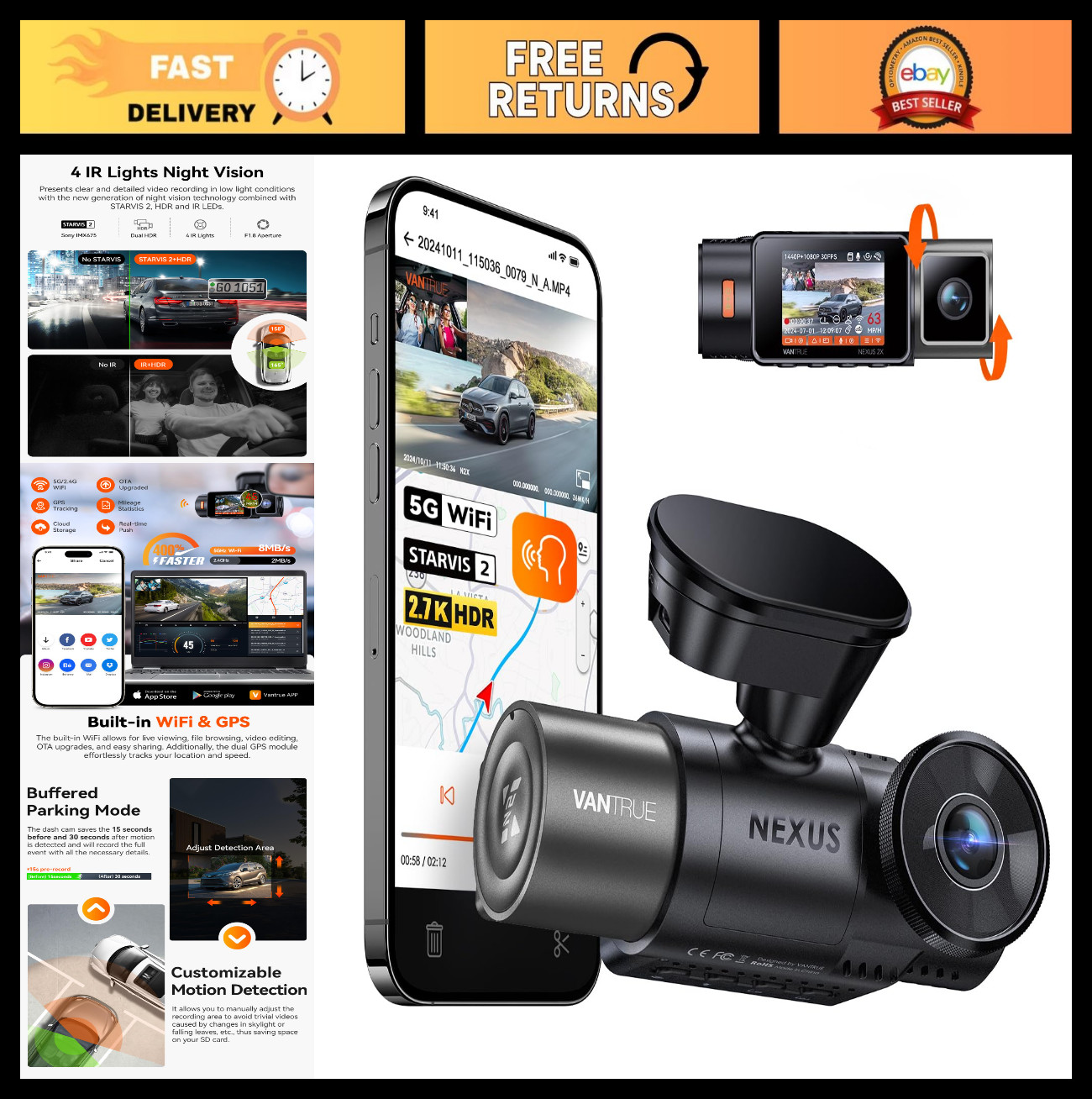 2.7K Dual Dash Cam with Front & Inside Recording, 5G WiFi, Night Vision, GPS, G-