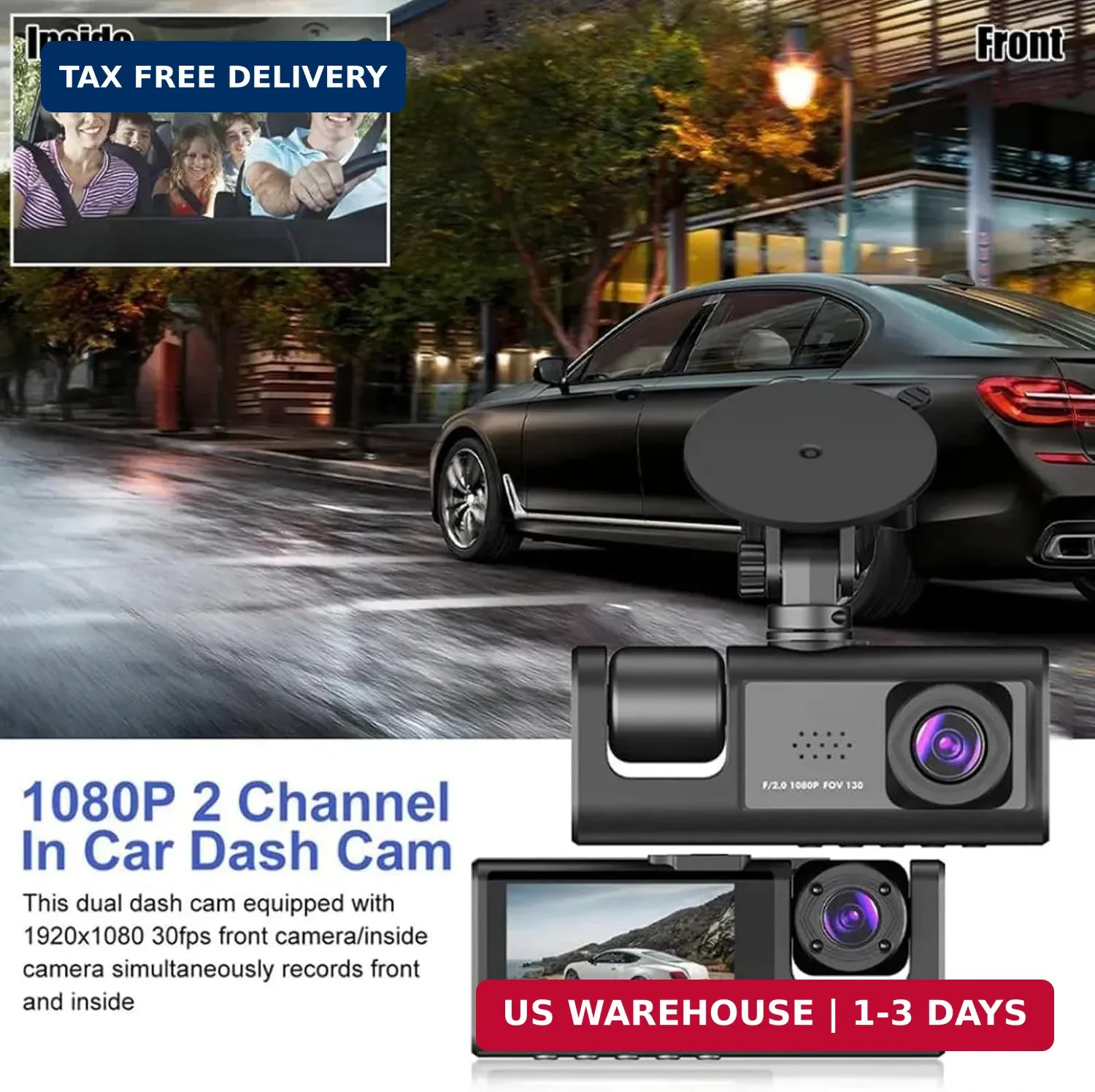 Dual Dash Camera Car Front Inside 1080P Night Vision G-Sensor Loop Record