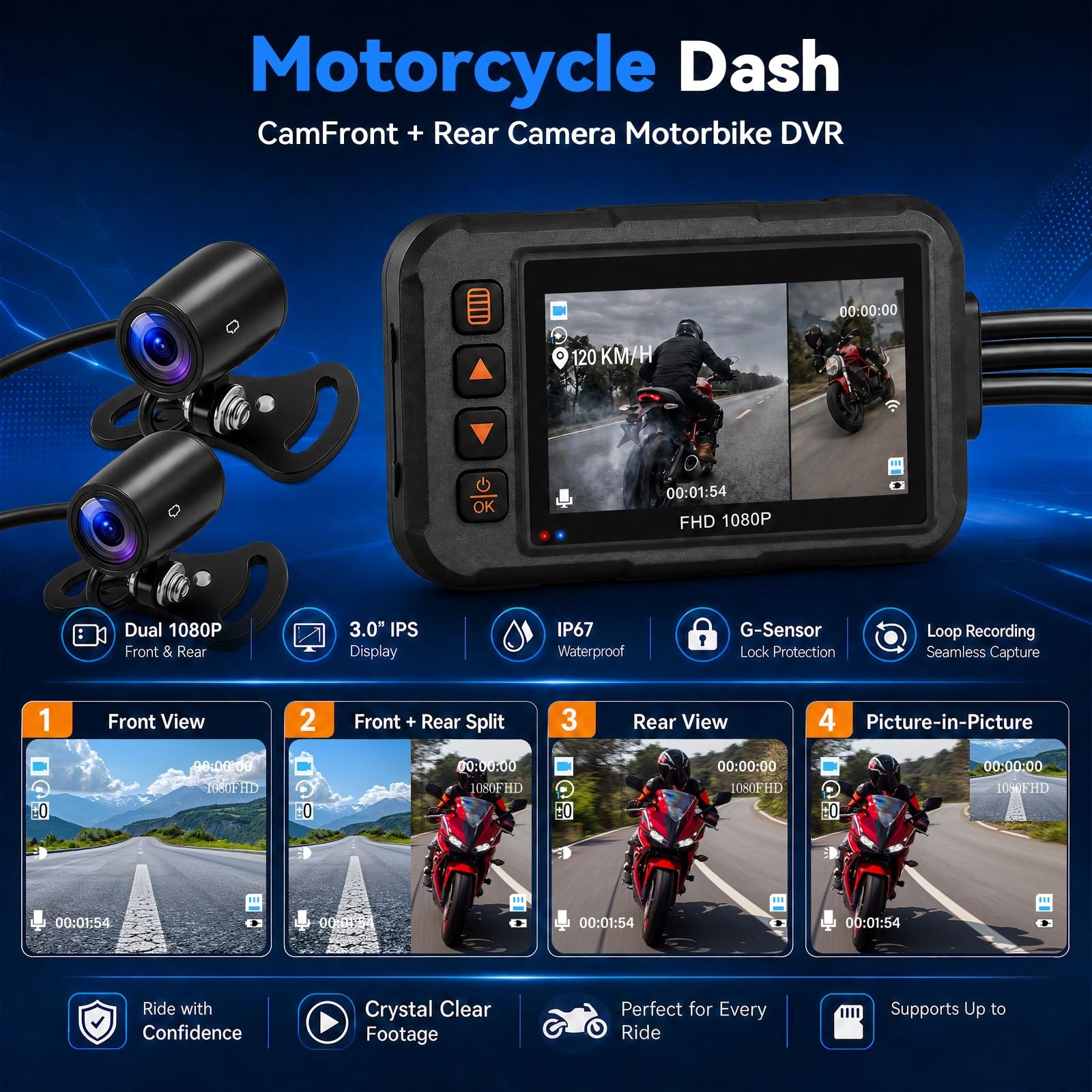 Motorcycle Dash Cam Front and Rear,3 Inch Screen Motorbike Dual Camera DVR, I…