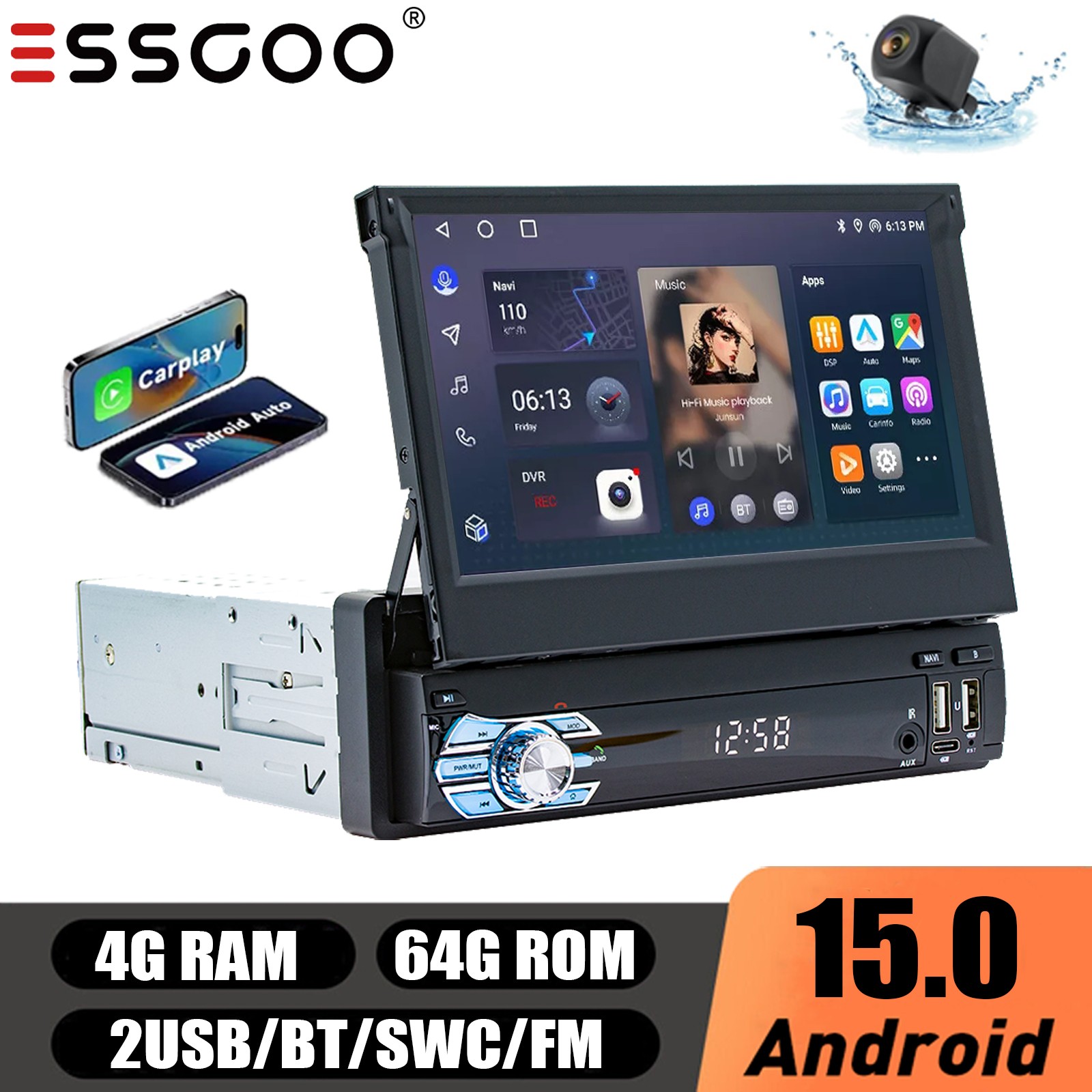 7″ Single 1 DIN Flip Out 4+64G Car Stereo Radio Android 15 MP5 Player USB+Camera
