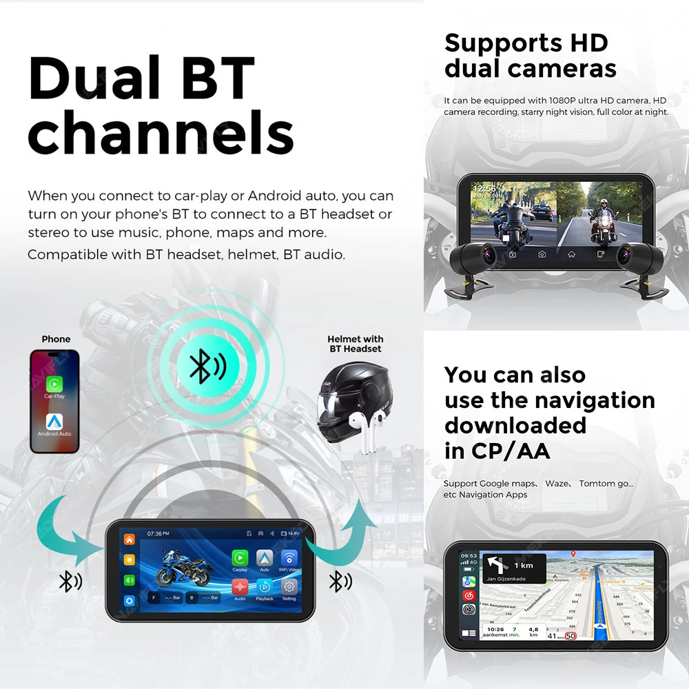 TomoStrong 6.25in Motorcycle GPS Navigation IP67 Wireless CarPlay TPMS DVR