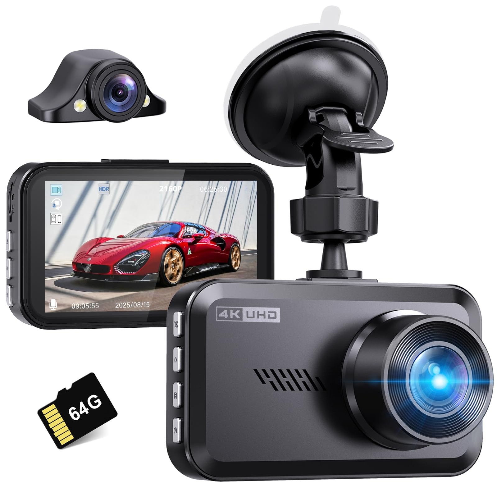 4K+2.5K Dash Cam Front and Rear,Free 64G SD Card,2160P+1600P UHD Dual Dash Ca…