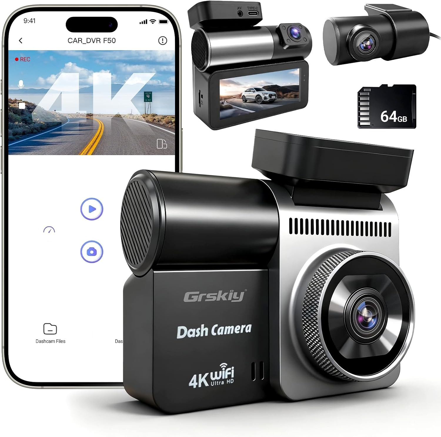 4K Dash Cam Front and Rear Inside, 3 Channel Car Dash Camera with Built-In GPS &