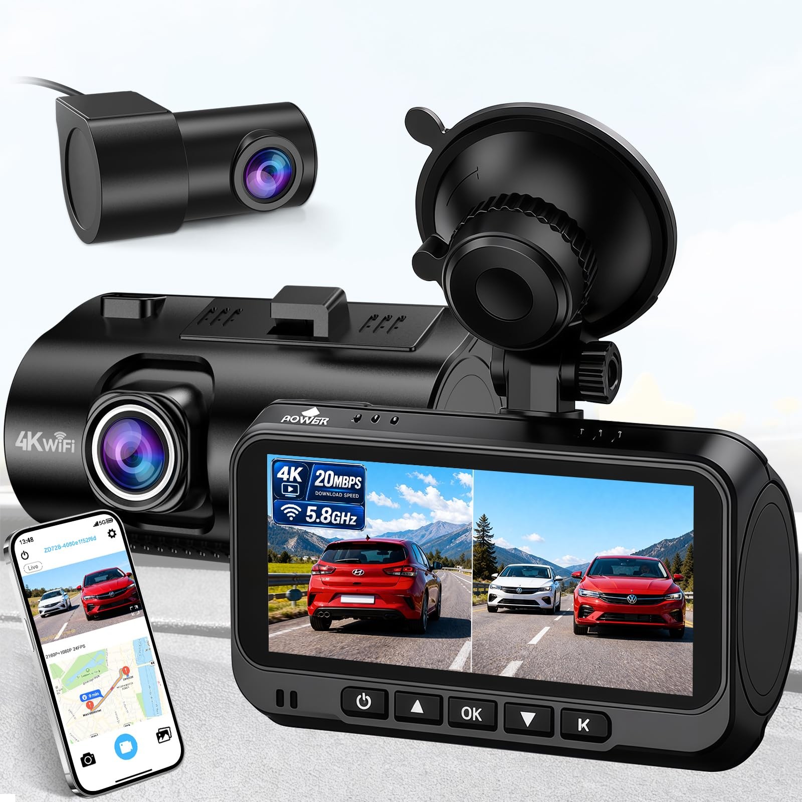 4K Dash Cam Front and Rear: 15-Min Setup 5.8GHz WiFi 20MB/s Fast Download