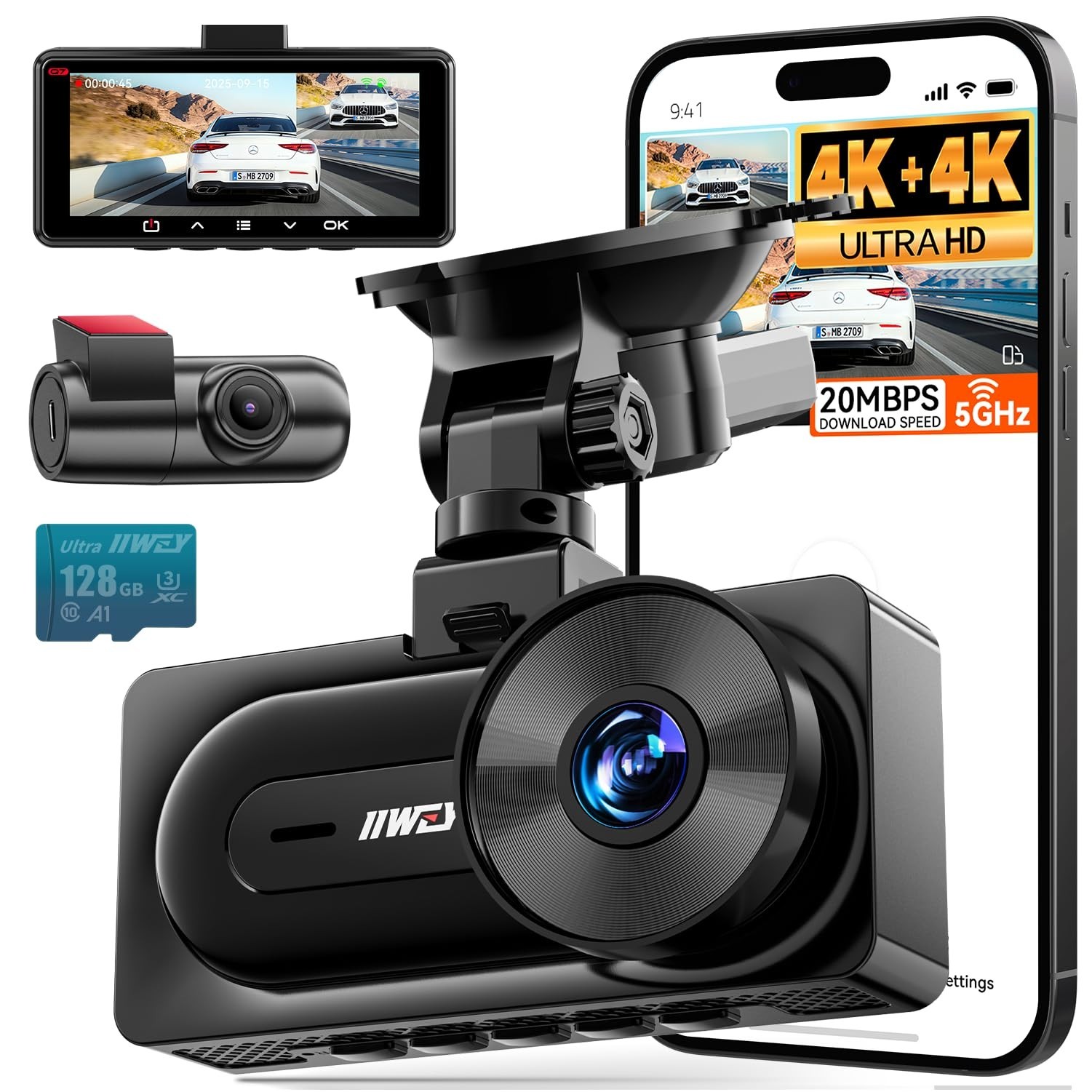 4K Dual Dash Cam Front & Rear, 5G WiFi, GPS, 24/7 Parking Mode, 170° Wide Angle,