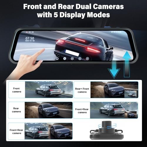 1080P Rear View Mirror Dash Cam, 9.66″ Touch Screen, Night Vision, Loop Recordin
