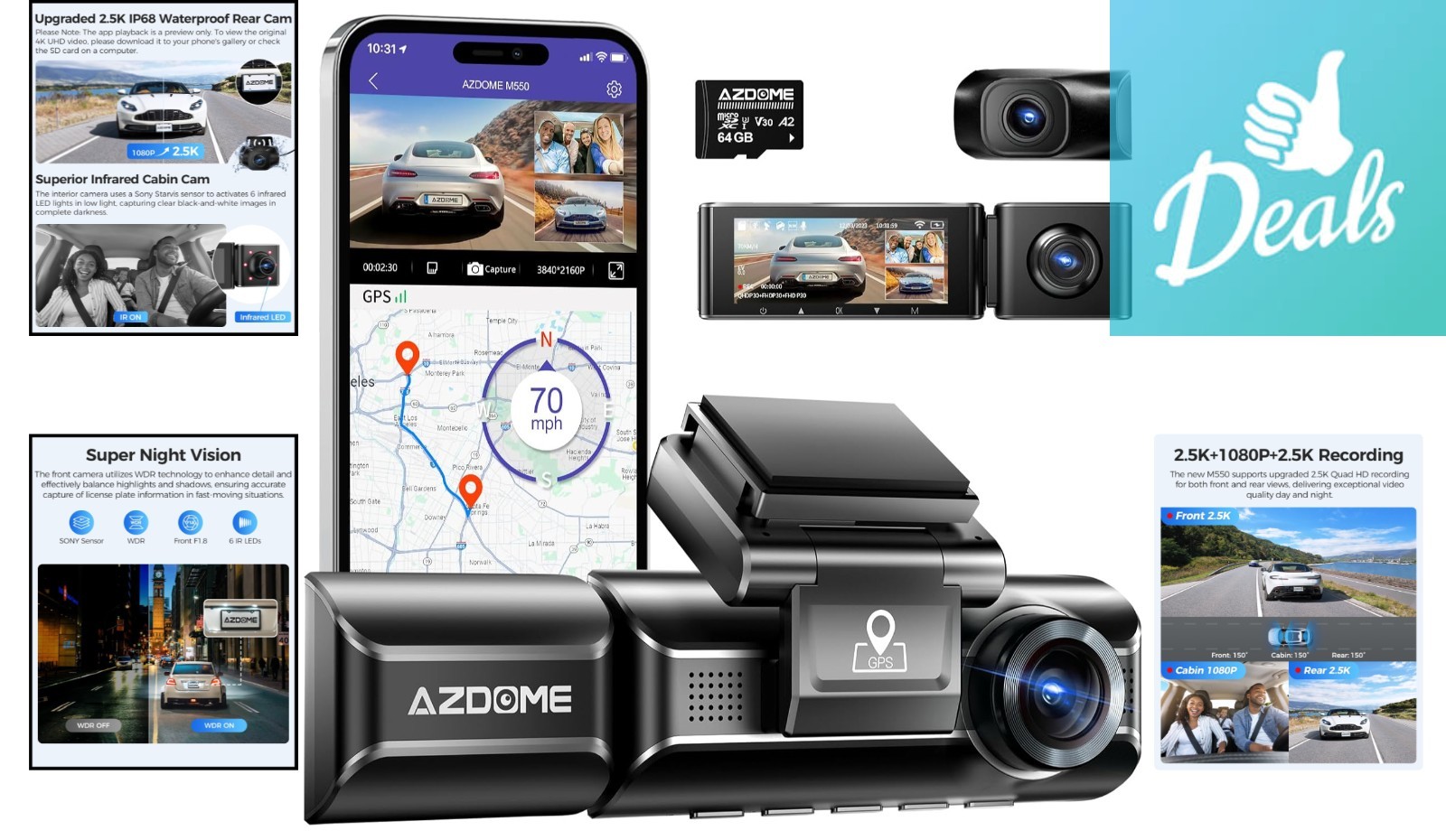 Luxury M550 Dual Dash Camera – 3 Channel, WiFi, and GPS – Enhanced Night Vision