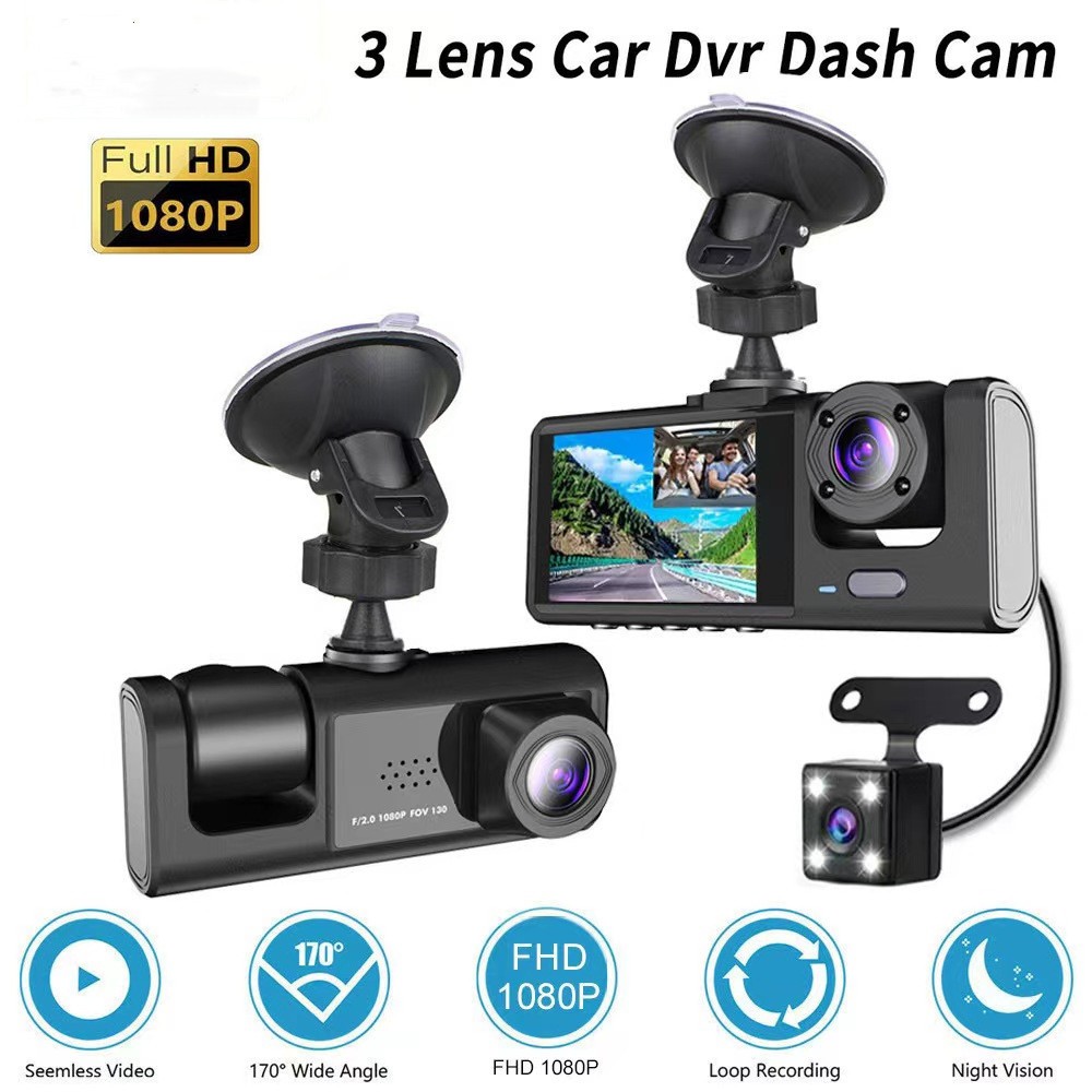 Dash Cam Front Rear Inside 1080P Parking Monitor Night Vision Dash Camera 3-Lens