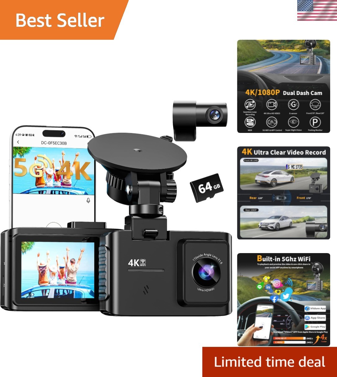 170° Wide Angle Dual Dash Cam with Night Vision & G-Sensor for Safety Assurance