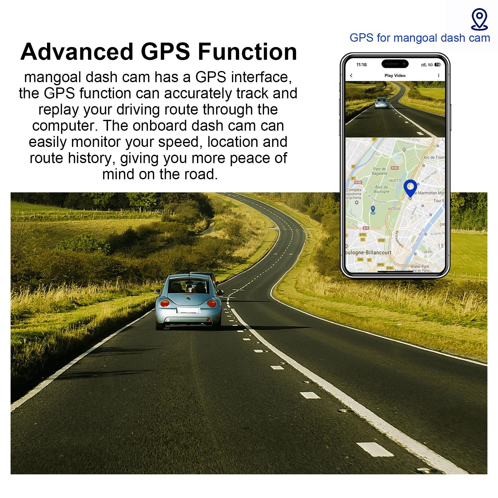 GPS Dash Cam with Long Battery Life – Easy Plug-In Installation, High-Quality Re