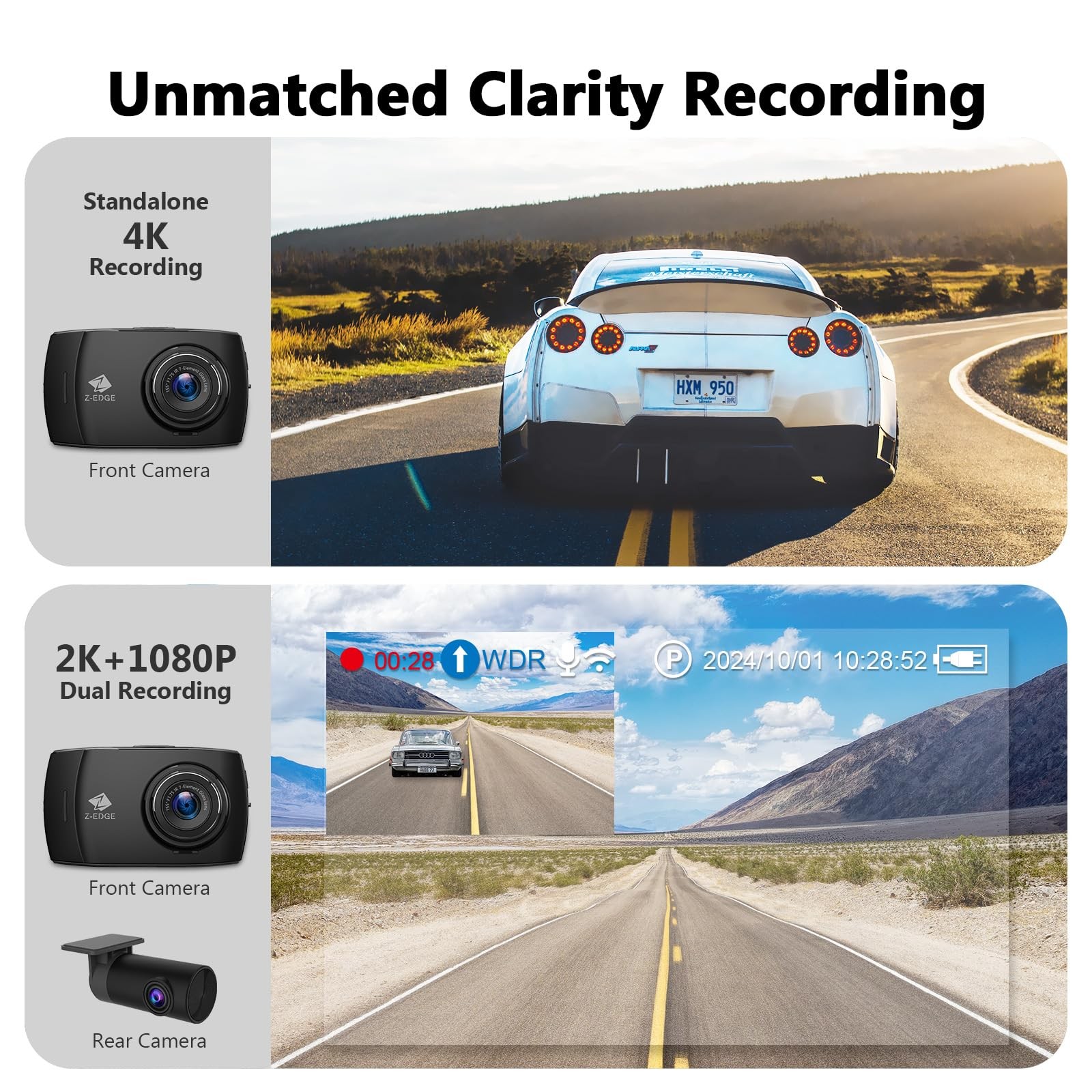 Z-Edge T4 Dash Cam Front and Rear, 4K Dual Dash cam, 2K+1080P Front and Rear,…