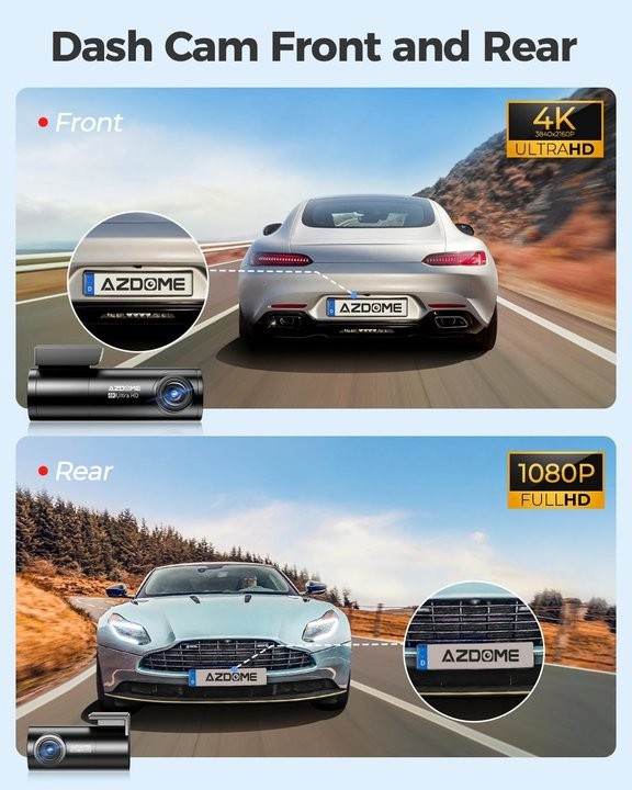 AZDOME 4K+1080P Front and Rear Dash Camera GPS 5G WiFi Parking Mode 64GB SD Card
