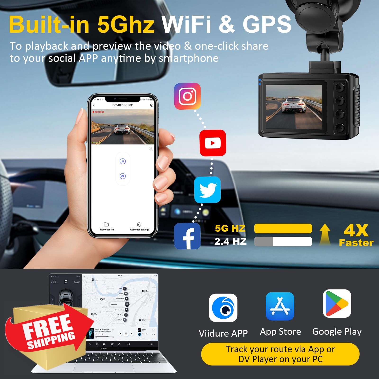 WANLIPO 4K+2.5K Dash Cam Front Rear WiFi GPS 64GB