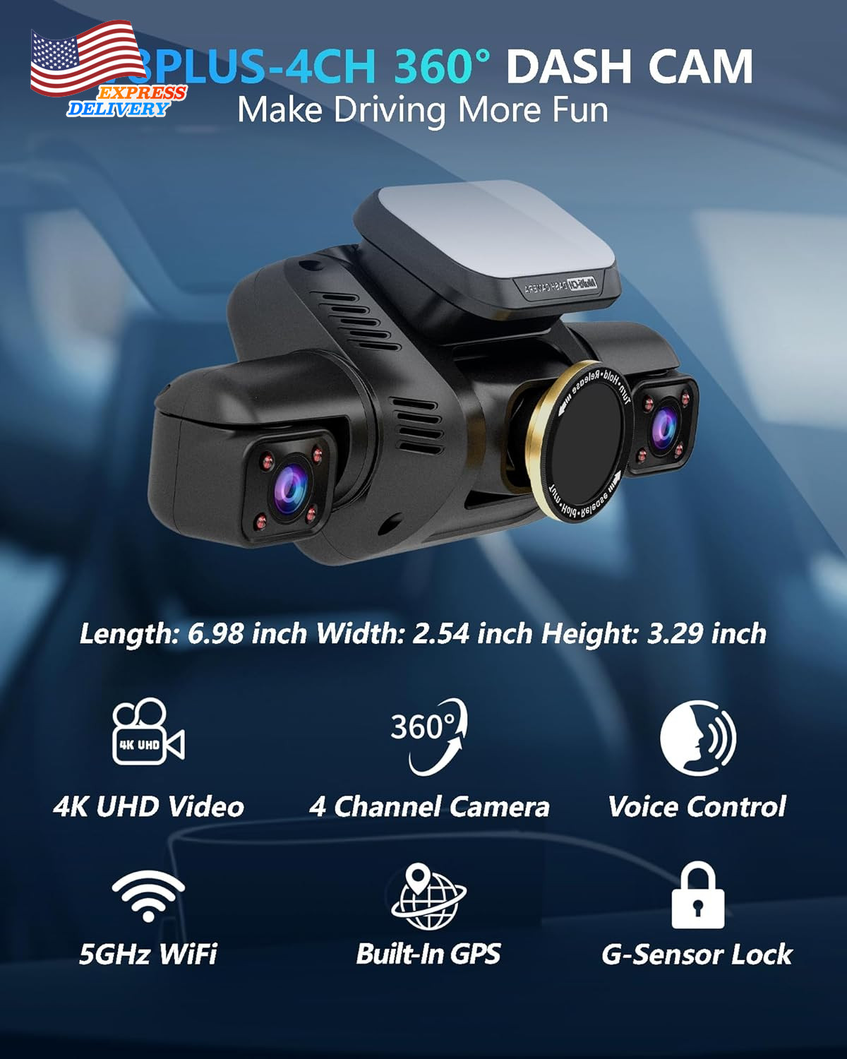 Dash Cam 4 Channel Front and Rear Inside 360° Car Camera 4K UHD