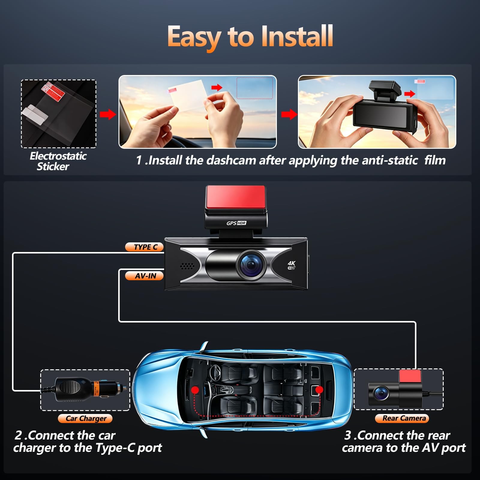 TQZNK 4K Front 2.5K Rear Dash Cam WiFi GPS ADAS 64GB Card