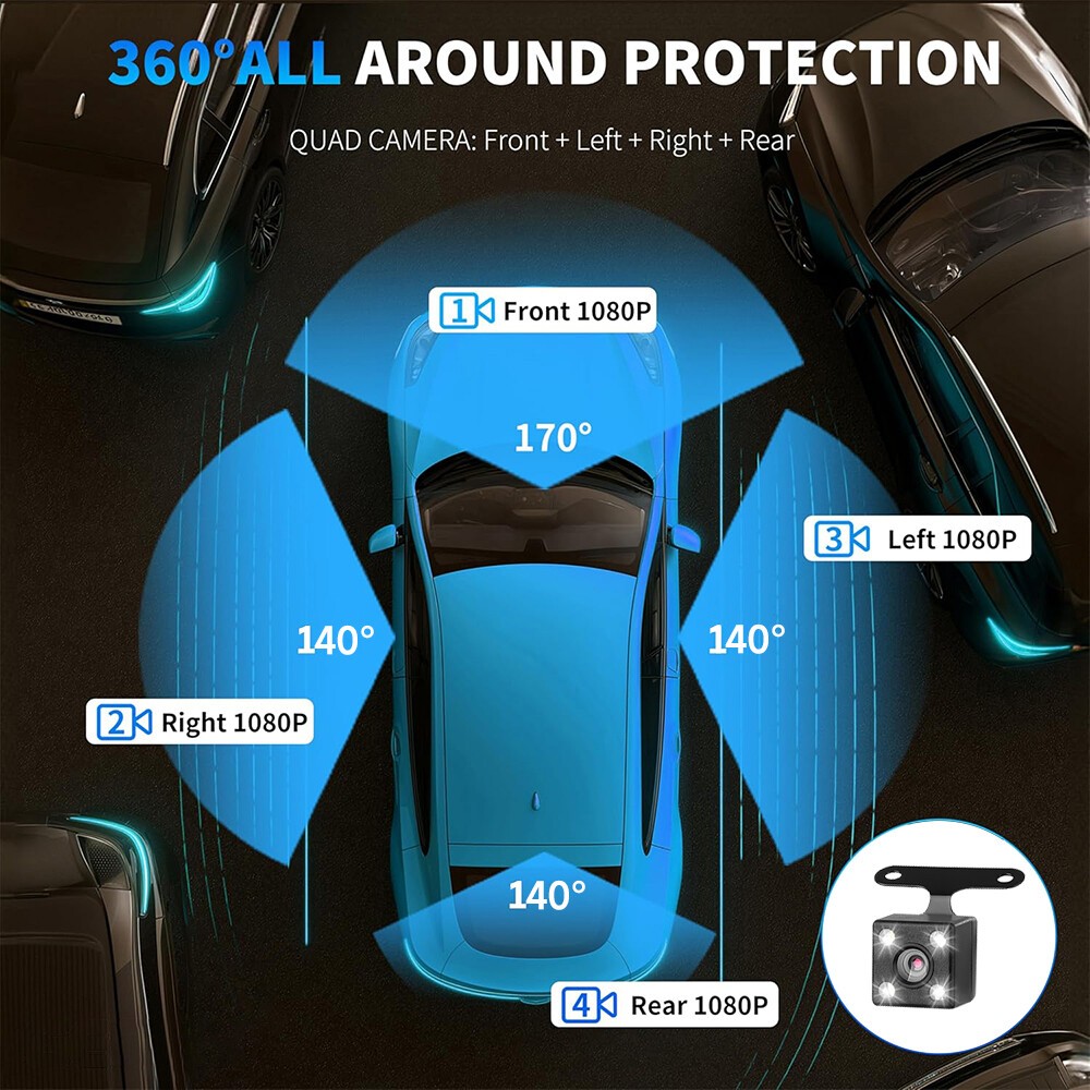 360° 1080P WiFi Dash Cam Front and Rear Inside Left Right 4 Channel Dash Camera