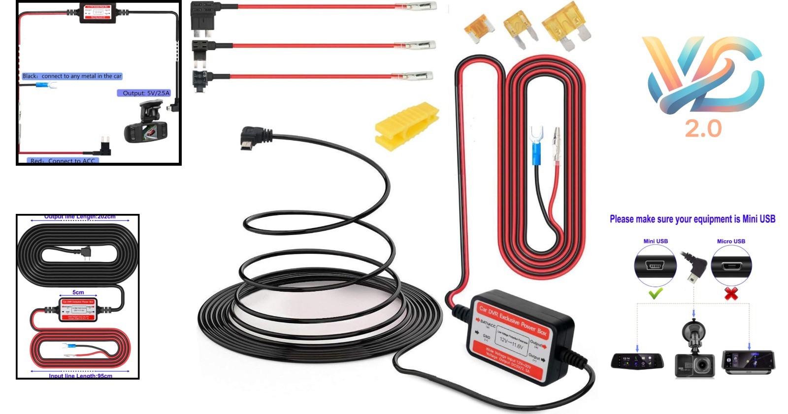 Mini USB Dash Cam Hardwire Kit 10ft 12V-24V to 5V with Fuse Holders