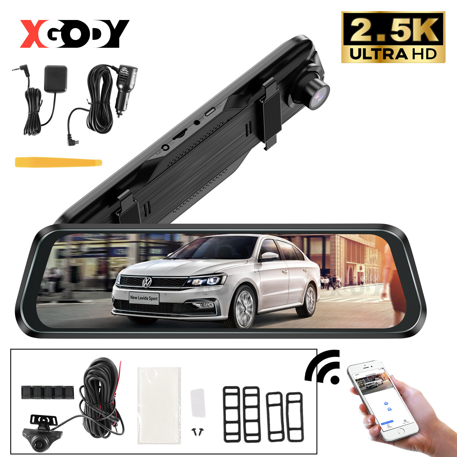 2.5K HD Mirror Dash Camera WIFI &APP GPS Car DVR Video Night Recorder Front Rear