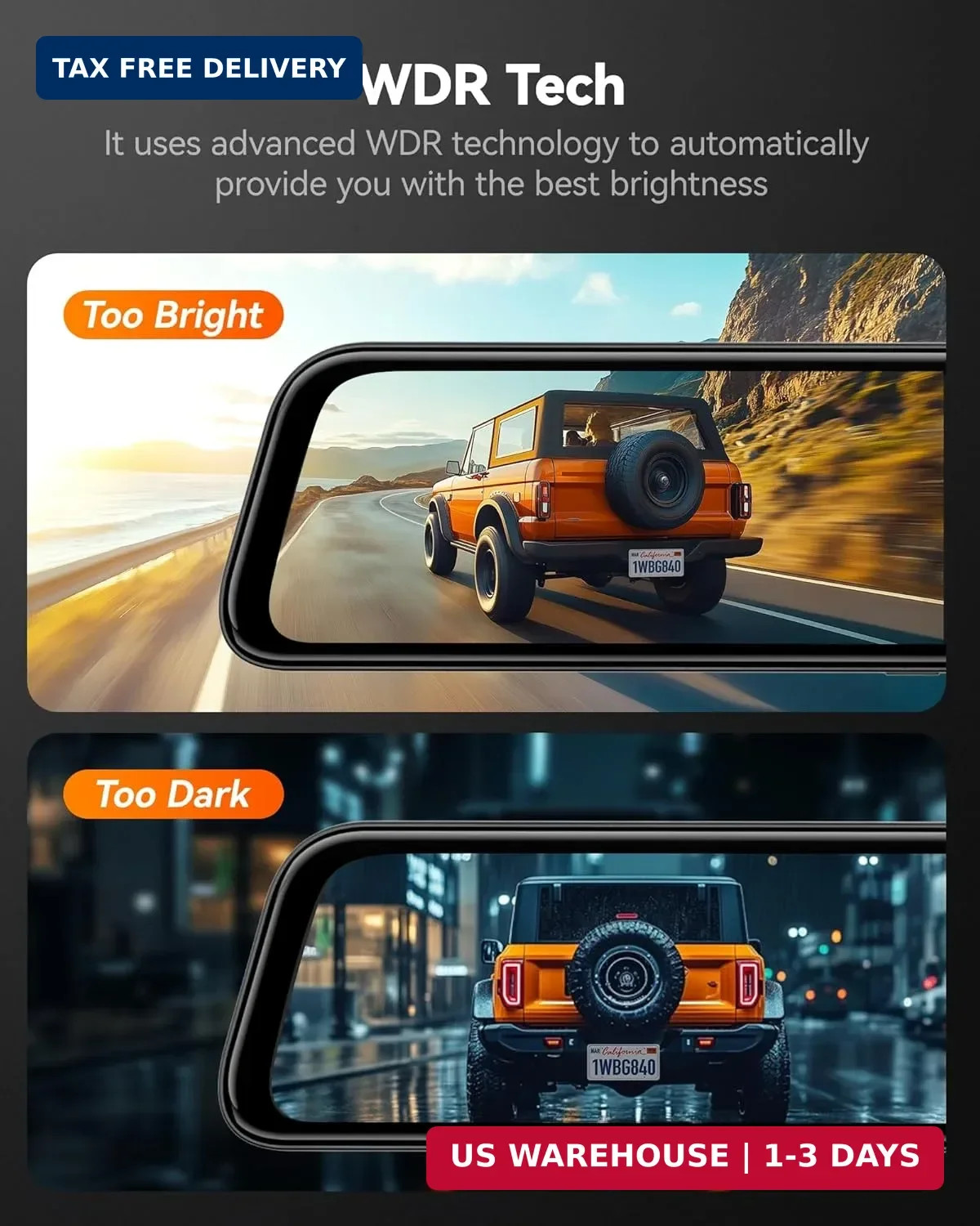 WOLFBOX G840S 12″ 4K Mirror Dash Cam Backup Camera, 5.8GHz WiFi Smart Rearview M