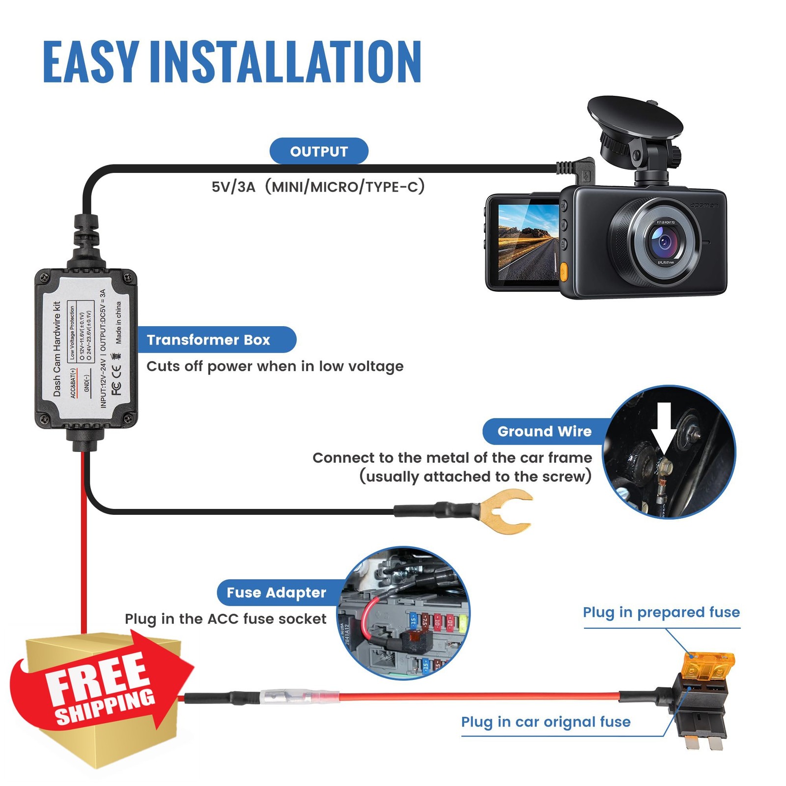 EWAY 3-in-1 USB C Dash Cam Hardwire Kit 12V-24V