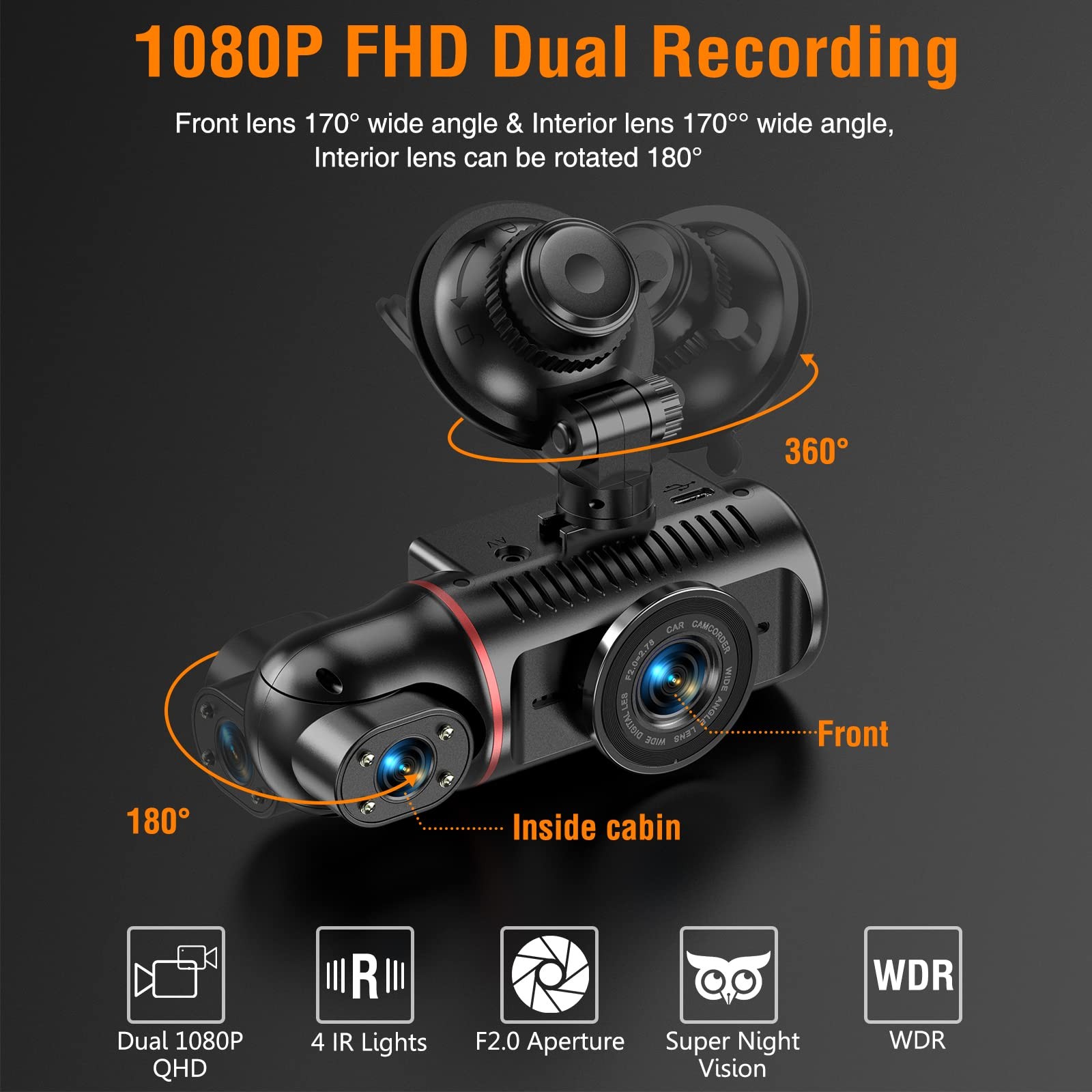 Dual Dash Cam Front and Inside with 64GB Card