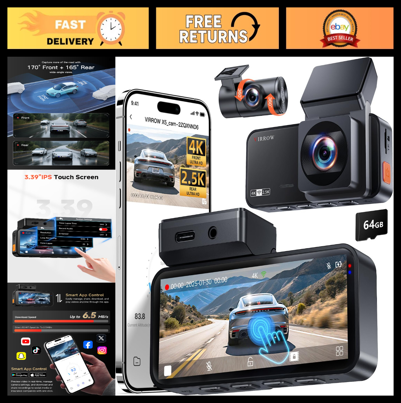 4K Front & Rear Dash Cam with WiFi, 64GB, 3.39″ Touchscreen, Night Vision, Parki