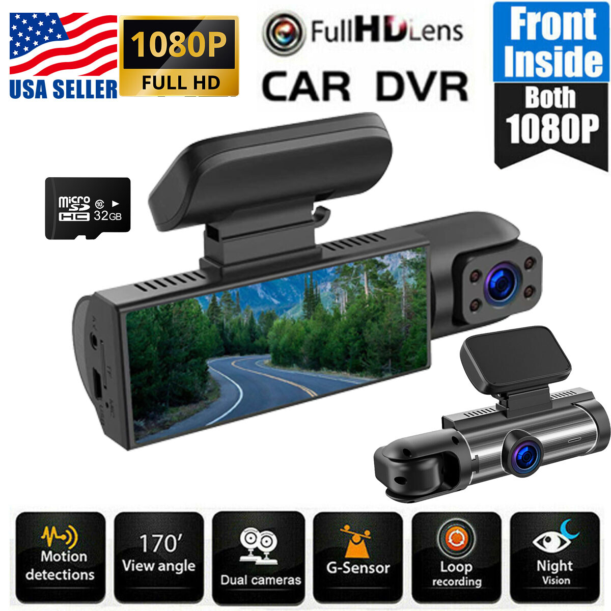 1080P Front & Inside Camera Video Recorder G-Sensor Dual Lens Car DVR Dash Cam *