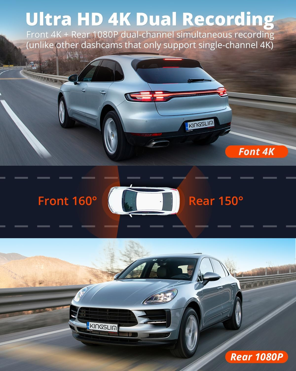 E4 4K Dash Cam Front and Rear, Wifi Front 4K Rear 1080P Dual Dash Camera for Car