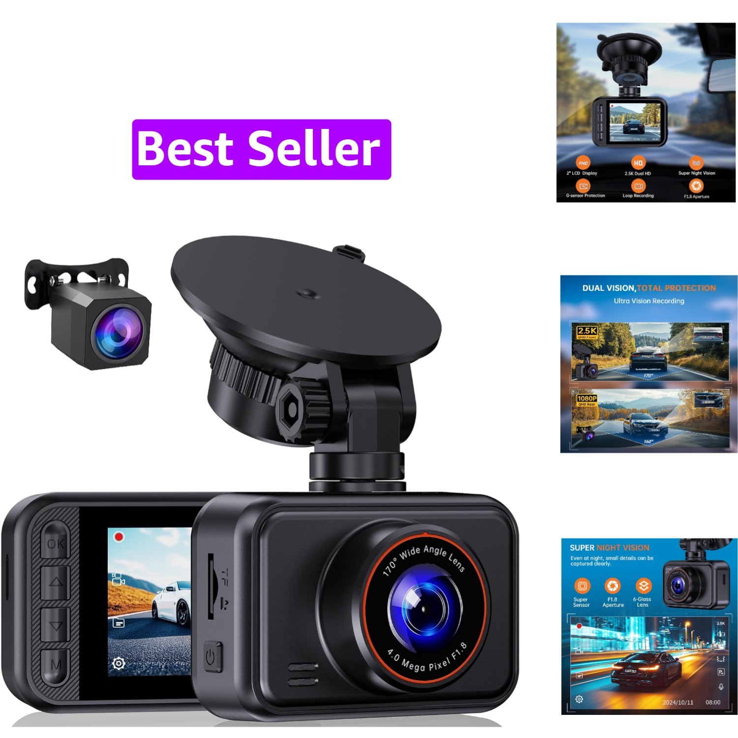 Dash Cam Front and Rear for Cars, 2.5K+1080P Dual Camera with 2″ Screen | WDR…