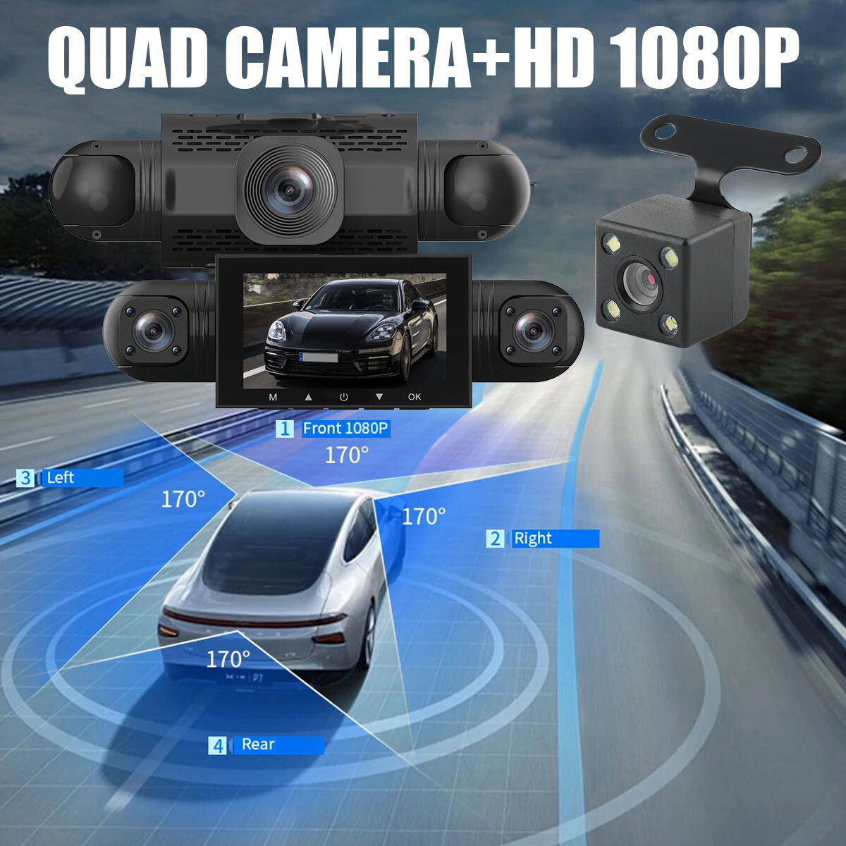 HD 1080P Car 4 Channel Dash Cam Front/Rear/Inside Video Recorder Camera G-sensor