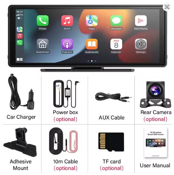 10.26″ 4K Car Camera Wireless Apple CarPlay Android Auto FM Touch Screen Radio
