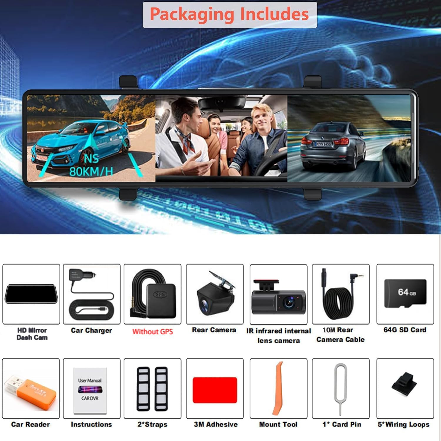 12″ Mirror Dash Cam 3 Channel 4K Front Inside Rear 1080P WiFi Night Vision GPS 2