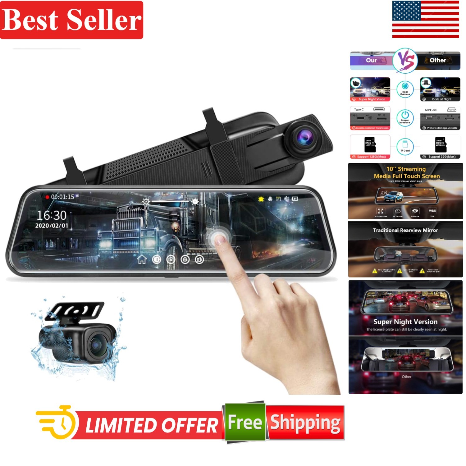 10” Mirror Dash Cam Night Vision 1080P Front Rear Camera Parking Assistance