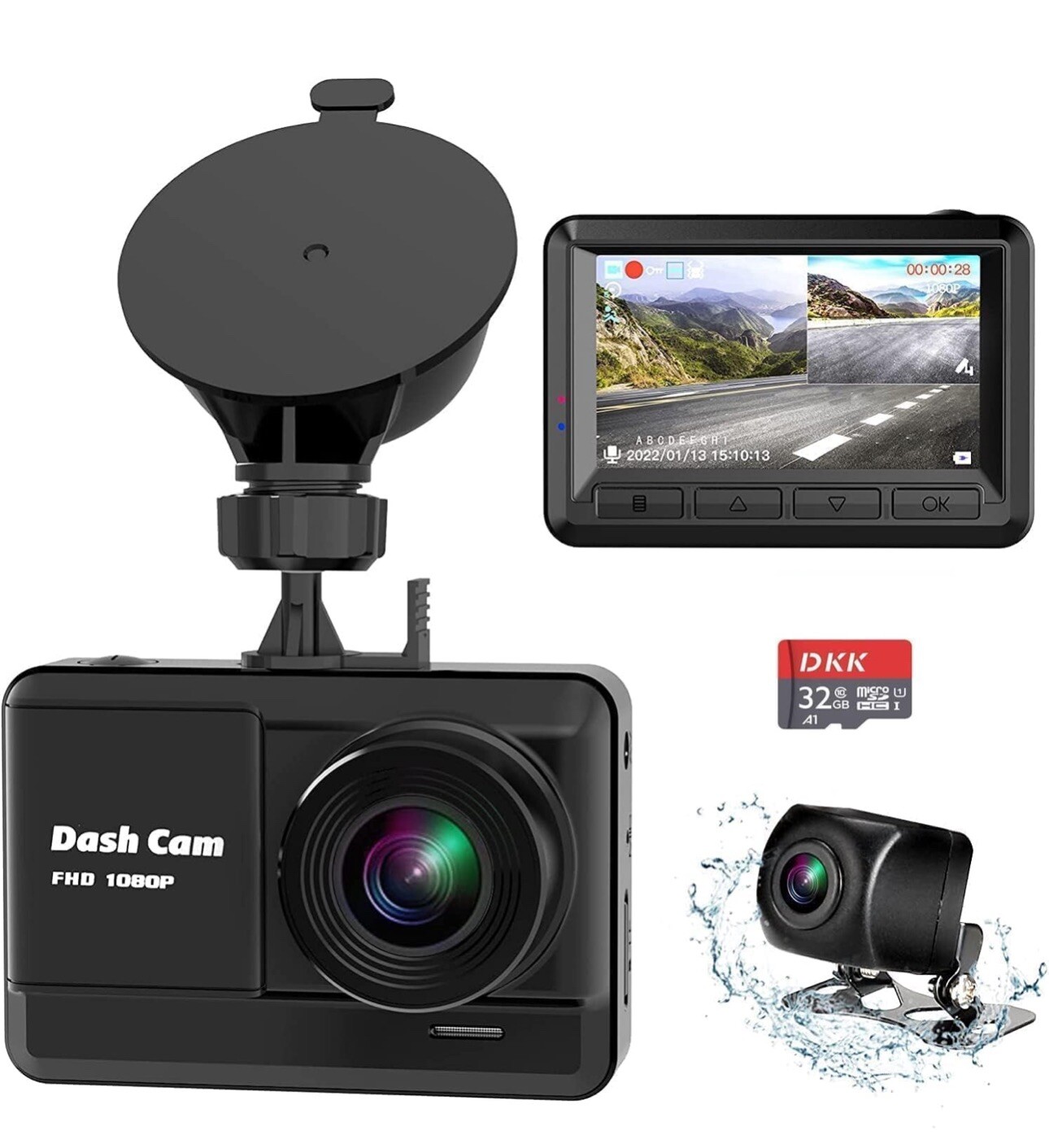 DKK Dash Cam Front and Rear, 1080p mini dash with 32 GB SD Card. G Sensor Lock