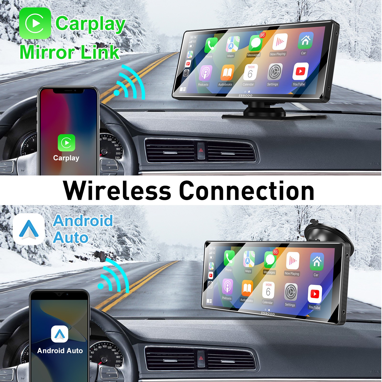 10.26″ Portable Car Stereo Radio Wireless Apple Carplay/Android Auto USB Camera