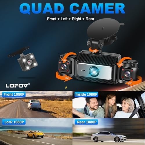 4 Channel Dash Cam 360°View,LOFOV 1080P Front and Rear Inside,Left Right 64GB SD
