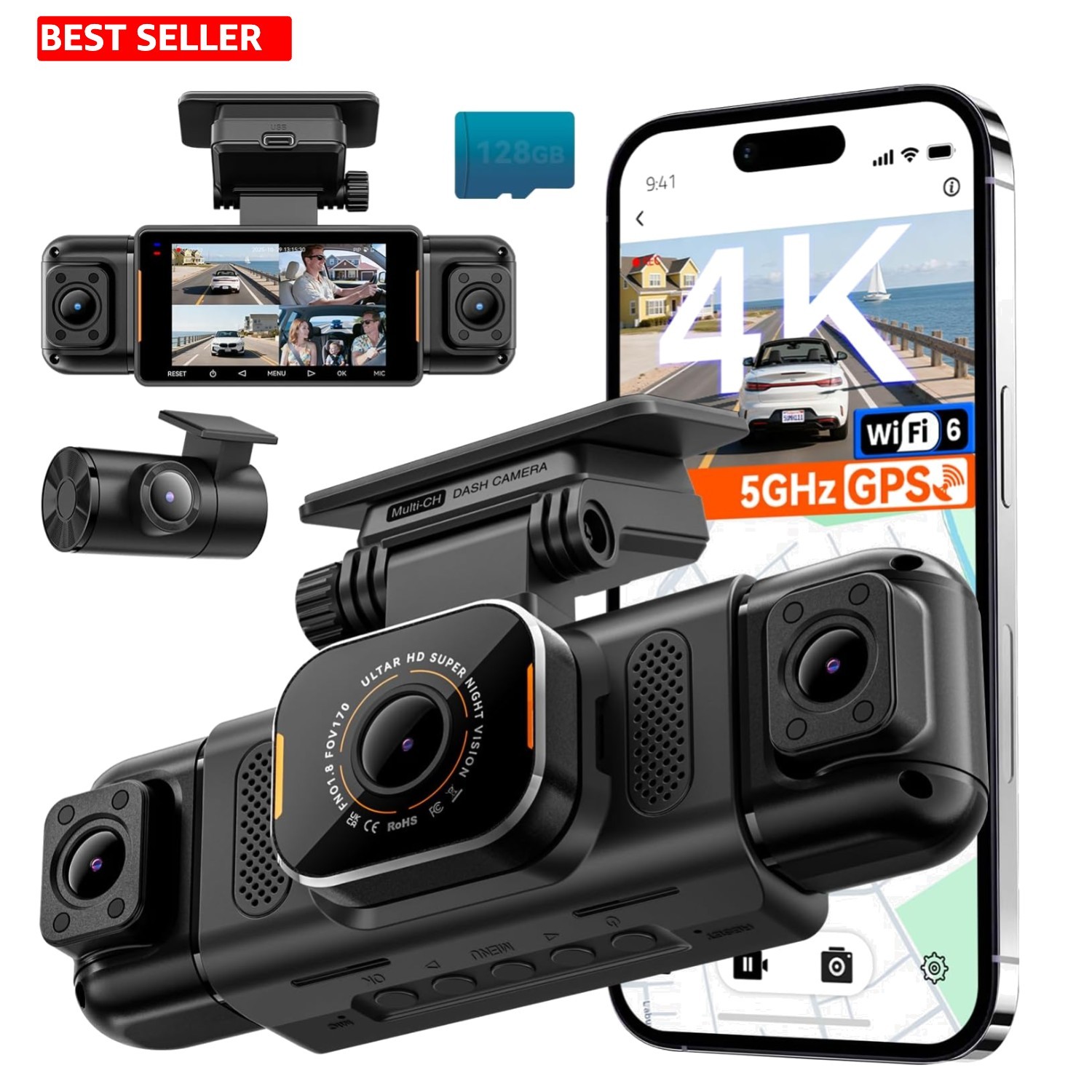 N5 PRO 4K 4 Channel Dash Cam, 360° All-Around View, 1080P Rear and Inside, 5G