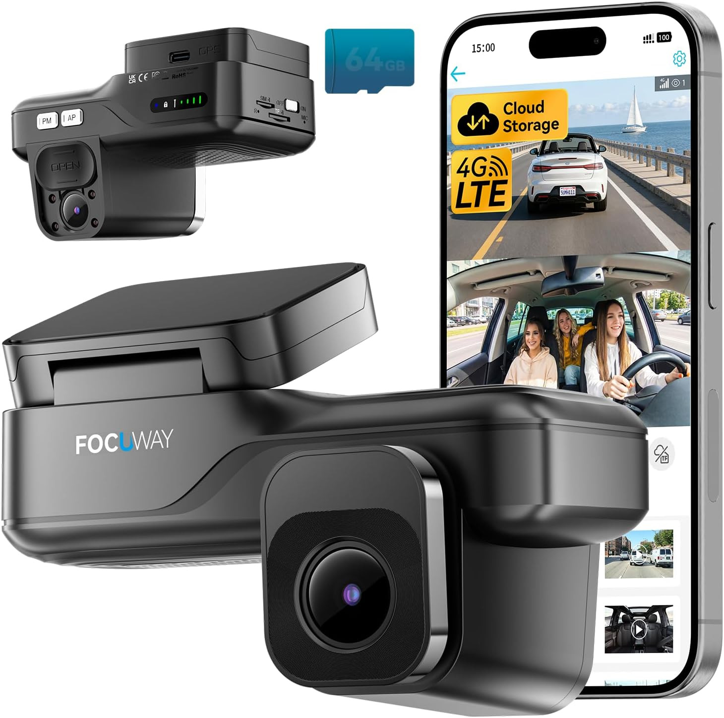 4G LTE Dash Cam with Live View, 2K+1080P Front inside Anti-Theft Car Camera Live