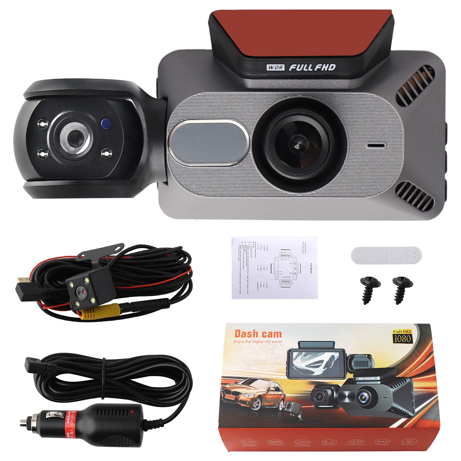 1080P Dual Lens Car DVR Dash Cam Video Recorder G-Sensor Front & Inside Camera