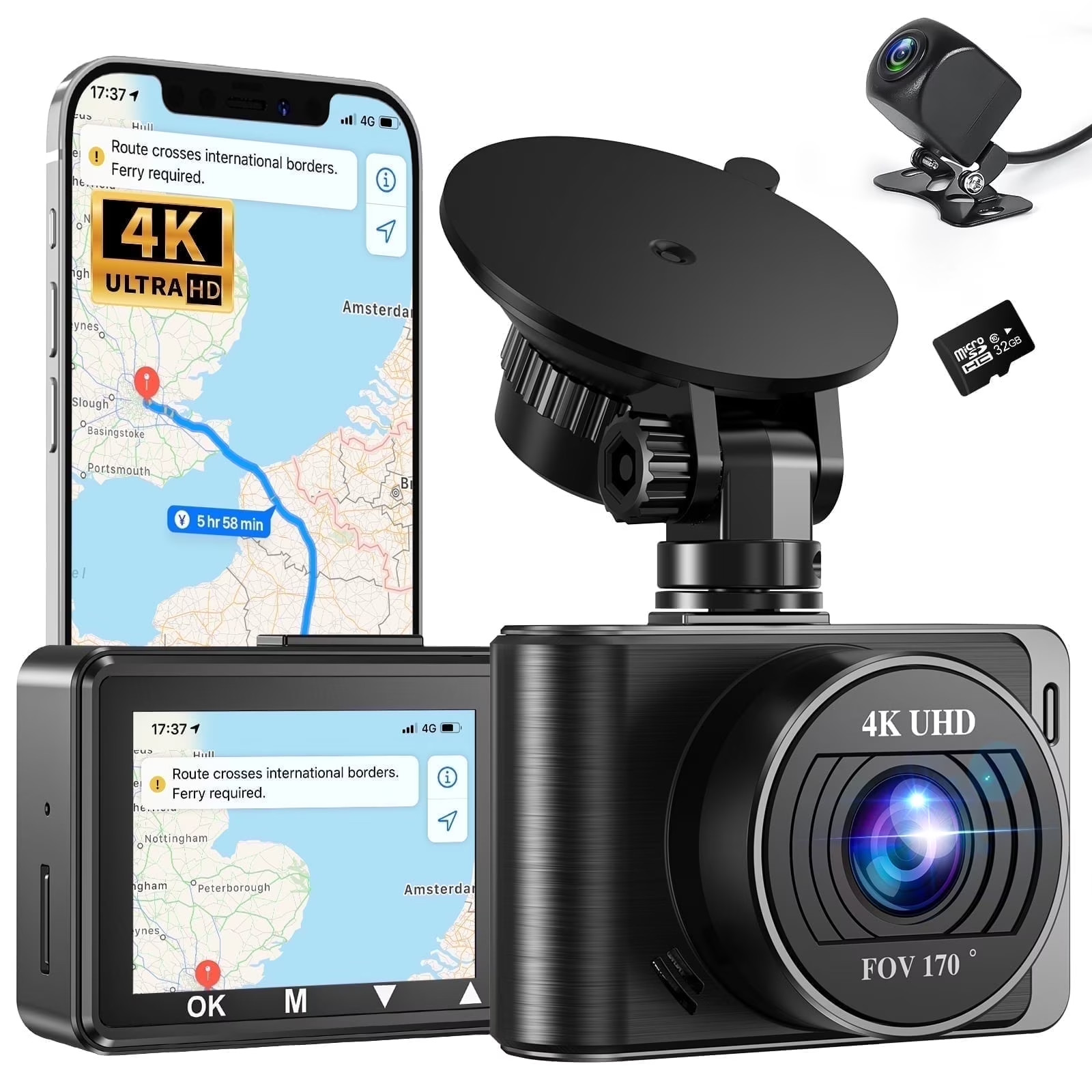 AUOSHI 4K+1080P Dual Dash Cam WiFi IPS Screen Night Vision 24H Parking 32GB Card