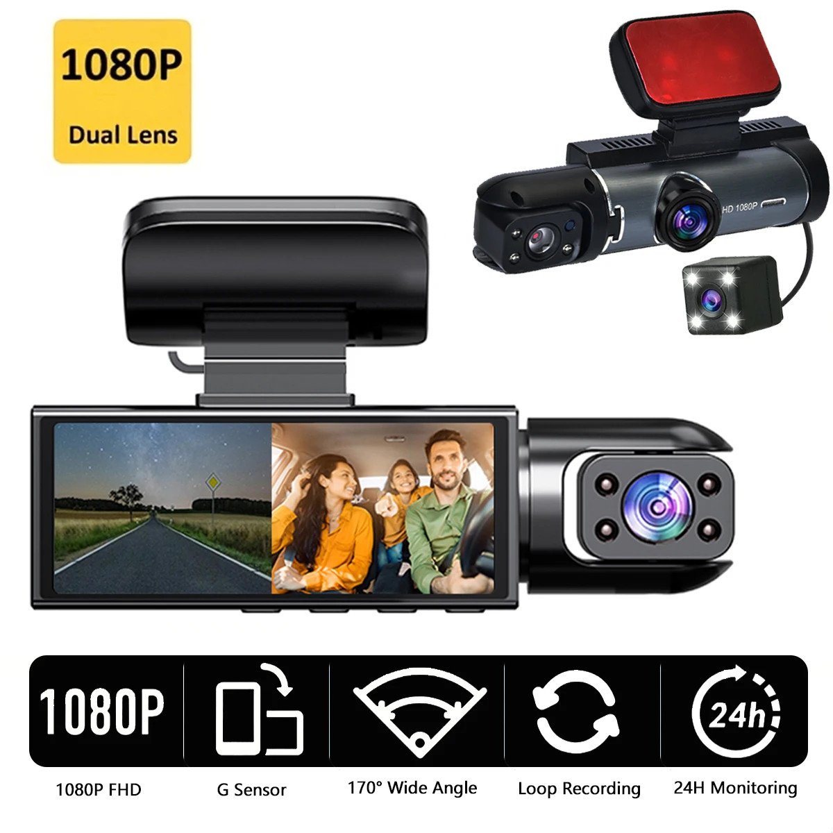 1080P Dual Camera Dash Cam – 3.16 Inch IPS Screen, IR Night Vision – No Card