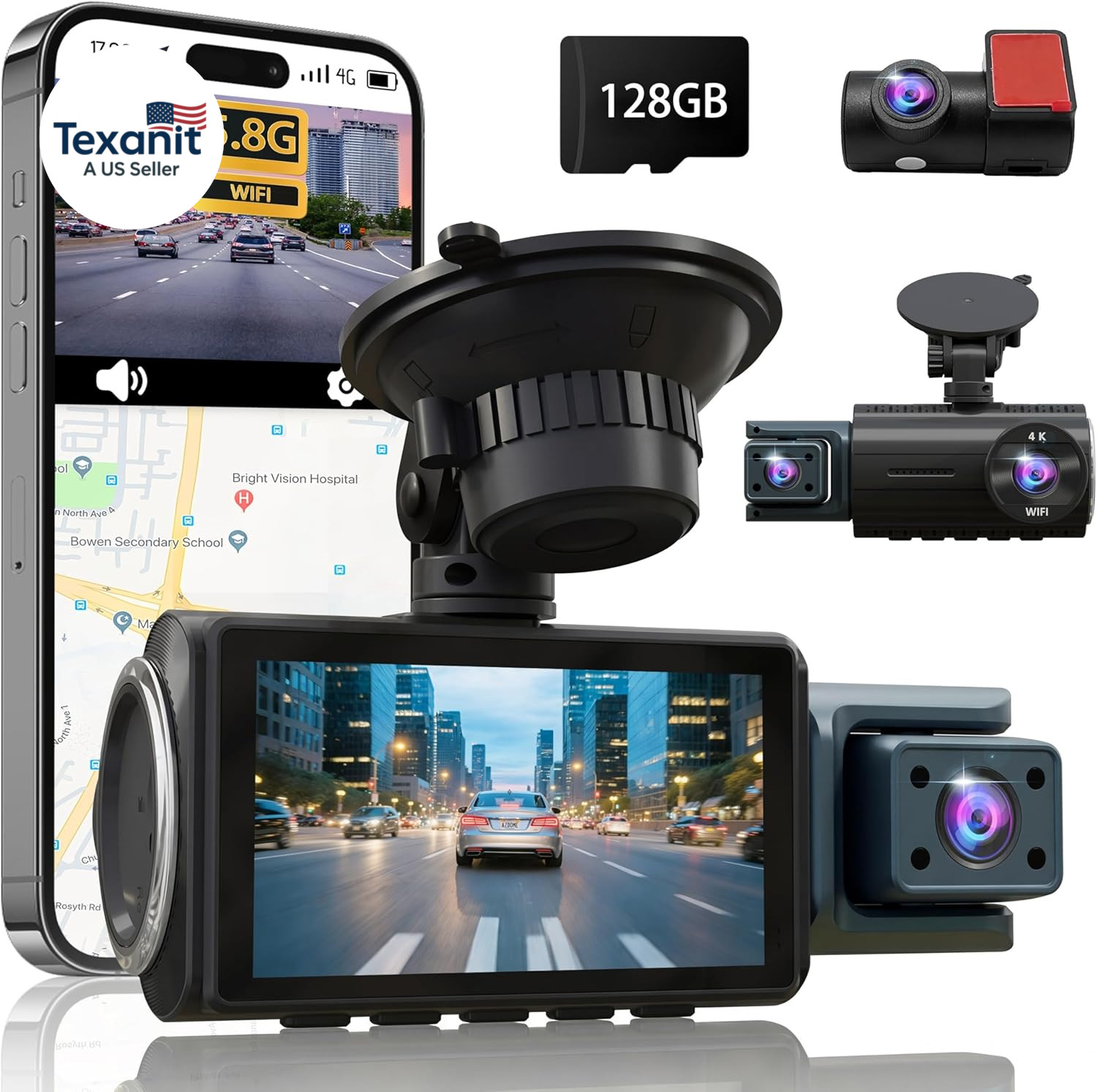 3 Channel Dash Cam Front and Rear, 4K+4K+1080P Car Camera, Free 128GB Card, Buil