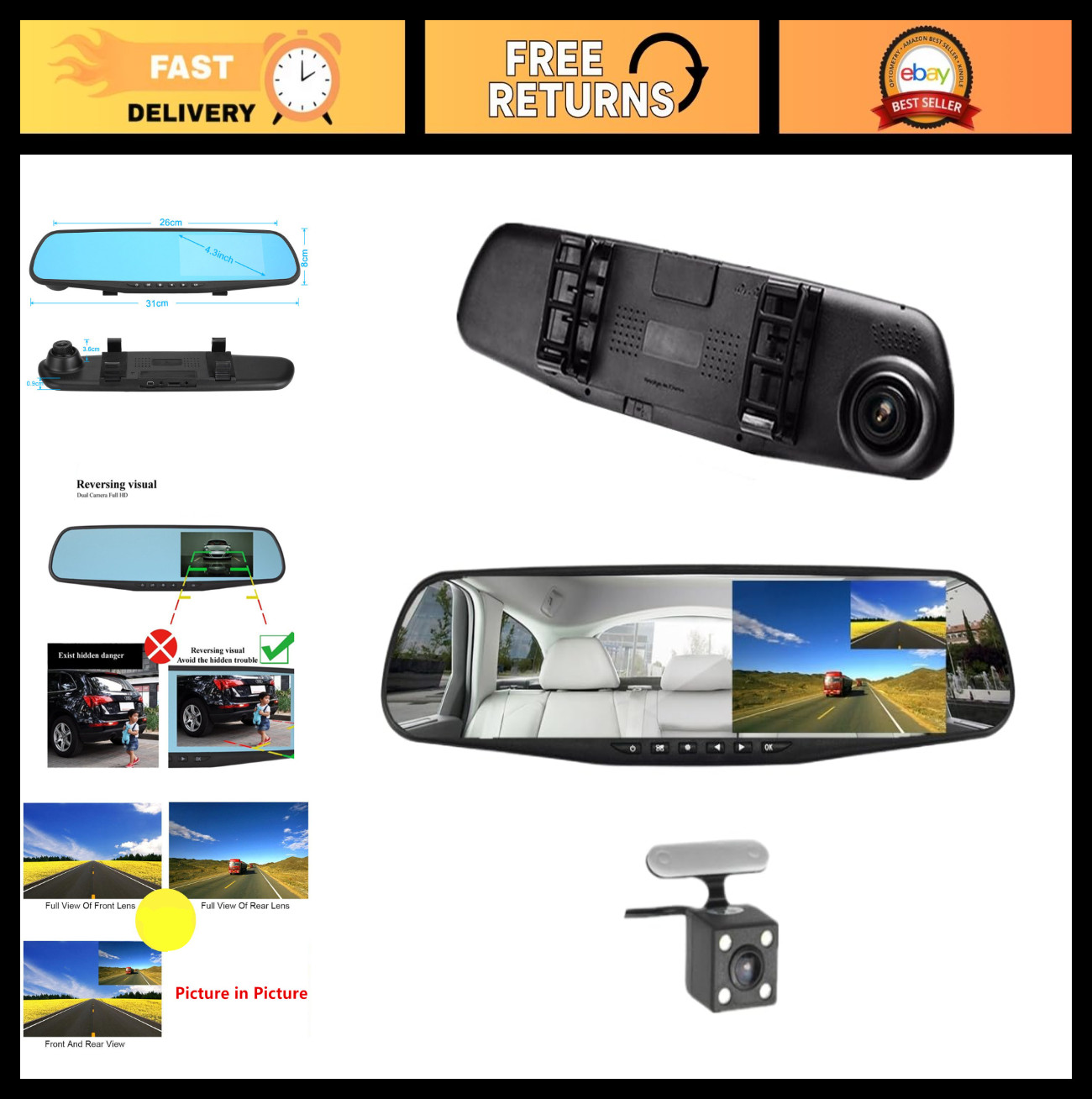 4.3″ Dual Lens Car DVR Rear View Mirror Camera – Night Vision Backup Recorder